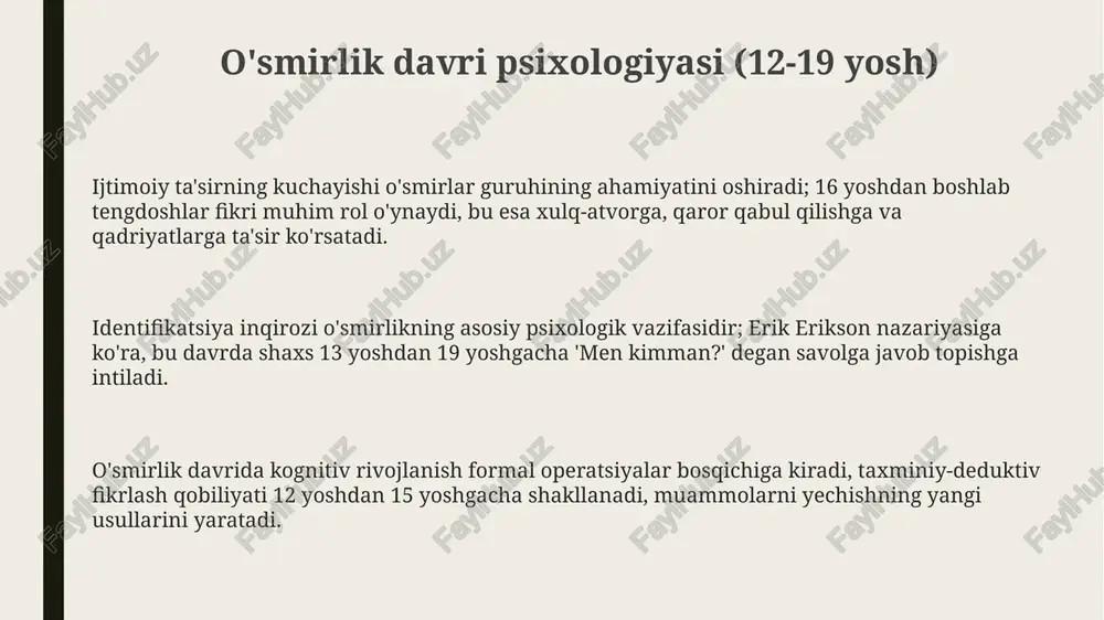 kognitiv nazariyasi shaxsiy rivojlanishni o'z-o'zini samaradorlik, kuzatish orqali o'rganish va o'zini-o'zi tartibga solishning o'zaro ta'siri natijasi deb hisoblaydi. yosh davri psixologiyasida kognitiv rivojlanish yosh davr psixologiyasida kognitiv rivojlanish jean piagetning bosqichlari (sensorimotor, operatsiyagacha, konkret, formal) orqali aqliy o'zgarishlarni o'rganadi. yosh davr psixologiyasi kognitiv rivojlanishning individual farqlarini o'rganadi, masalan, intelekt darajasi (iq) va ta'lim uslublari. kognitiv rivojlanishda xotira, diqqat va muammolarni yechish qobiliyatlari muhim ahamiyatga ega; bular bolaning erta yoshdan o'smirlik davrigacha o'sadi. yosh davri psixologiyasida normadan chetga chiqishlar yosh davri psixologiyasida deviant xatti-harakatlar, masalan, 5-9 yoshdagi bolalarda agressiya me'yoridan oshsa, ijtimoiy moslashuv buzilishiga olib kelishi mumkin. emotsional buzilishlar, xususan, 13-17 yoshdagi o‘smirlarda depressiya holatlari kuzatilsa, o‘z joniga qasd qilish xavfini oshirishi mumkin, bu jiddiy psixologik muammodir. intellektual rivojlanishdagi og‘ishlar, misol uchun, 7 yoshli bolada iq ko‘rsatkichi 70 dan past bo‘lsa, o‘qish qobiliyatiga jiddiy ta’sir etib, ta’limda qiyinchiliklar yaratadi. xulosa: yosh davri psixologiyasining kelajagi sun'iy intellekt va katta ma'lumotlar yordamida yosh …