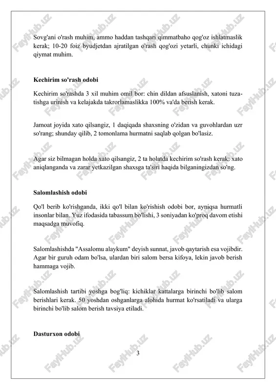 hurmatsizlik hisoblanadi. ba’zi madaniyatlarda, masalan, janubiy koreyada, sovg'a berishda ikki qo'l bilan uzatish hurmat belgisi hisoblanadi, bu odob qoidasi hisoblanib, taxminan 80-90 foiz holatlarda amal qiladi. ijtimoiy tarmoqlar odobi shaxsiy ma'lumotlarni, masalan, uy manzilingizni yoki telefon raqamingizni 5 ta shubhali akkauntga yuborish xavfsizlik nuqtai nazaridan tavsiya etilmaydi. ijtimoiy tarmoqlarda 7 dan ortiq haddan tashqari emotsiyalarni (emoji) ishlatish suhbatni buzishi va xabarning mazmunini yashirishi mumkin. ijtimoiy tarmoqlarda bahslarda qatnashganda, 3 martadan ortiq takroriy xabarlar yozishdan saqlaning, bu boshqalarni bezovta qilishi mumkin. jamoat joylarida odob jamoat transportida 1-darajali ehtiyojmandlarga, misol uchun, homilador ayollar, nogironlar va keksalarga joy berish odobi 30 soniyadan kam bo'lmagan vaqt ichida amalga oshirilishi kerak. jamoat joylarida ovoz balandligini nazorat qilish muhim, xususan, telefon orqali gaplashganda 60 desibeldan oshmasligi, atrofdagilarga xalaqit bermaslik uchun zarur. kinoteatr yoki teatr kabi joylarda spektakl boshlanishidan kamida 15 daqiqa oldin kelish va telefonlarni o'chirish, boshqalarga xalaqit bermaslik uchun muhim sanaladi. muloqot odobi muloqotda 'siz' …