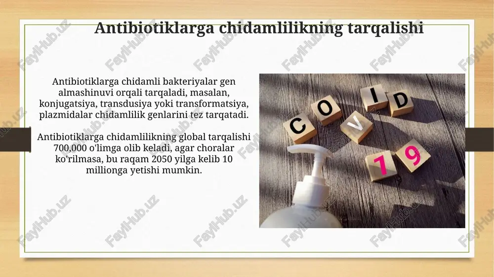 usullari mic (minimal inhibitiv konsentratsiya) testi antibiotikning o'sishni to'xtatish uchun zarur bo'lgan eng kam miqdorini aniqlaydi, bu bakteriyalarning chidamliligini baholashda muhim. disk diffuziya usuli antibiotiklarga sezgirlik darajasini aniqlash uchun antibiotikli disklar bakterial madaniyatga qo'yiladi va inhibisyon zonasi o'lchanadi. e'tiboringiz uchun rahmat image8.jpg image9.jpg image10.jpg image11.jpg image12.jpg image13.jpg image14.jpg image15.jpg image16.jpg image17.jpg image3.png image4.png