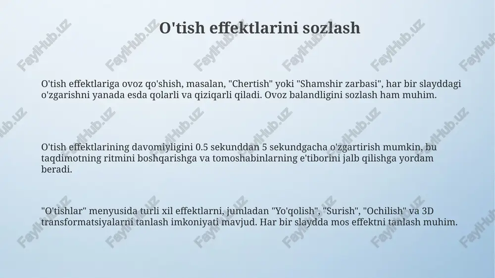 ko'proq e'tiborni jalb qiladi, lekin ularni har bir slaydda ishlatish chalg'ituvchi bo'lishi mumkin. slaydlarni o'tish effektlari ko'rinishni yaxshilaydi, masalan, 'fade' effekti 1 soniyada sekin-asta o'tadi, 'push' effekti esa slaydni surib chiqaradi. o'tish effektlarini tanlashda auditoriyani hisobga oling: professional taqdimotlar uchun 'wipe' kabi nozik effektlar, norasmiy taqdimotlar uchun 'zoom' kabi qiziqarli effektlar yaxshiroq. annotatsiya va chizish vositalari annotatsiyalar slaydlar yuzasida qat'iy ravishda 10 dan ortiq emas elementni ko'rsatish uchun ishlatilishi mumkin, bu tomoshabinlarning diqqatini jamlash va tushunishni osonlashtirishga yordam beradi. annotatsiya vositalari taqdimot vaqtida ekranda, masalan, 1 yoki 2 rangli marker bilan chizish imkonini beradi, bu esa ma'lum nuqtalarga e'tiborni qaratishga yordam beradi. chizish vositalari taqdimot jarayonida ekrandagi elementlarni, misol uchun, 3 turdagi shakllar yordamida belgilash, ta'kidlash yoki o'zgartirish uchun ishlatilishi mumkin. animatsiya va o'tish effektlari bo'yicha maslahatlar o'tish effektlarini slaydlarning mazmuniga moslashtiring; masalan, taqqoslash uchun 'surish' yoki 'yo'qolish' effektlari samarali bo'ladi. oddiy animatsiyalardan foydalaning, maksimal 3-4 ta turli effektni qo'llang, …