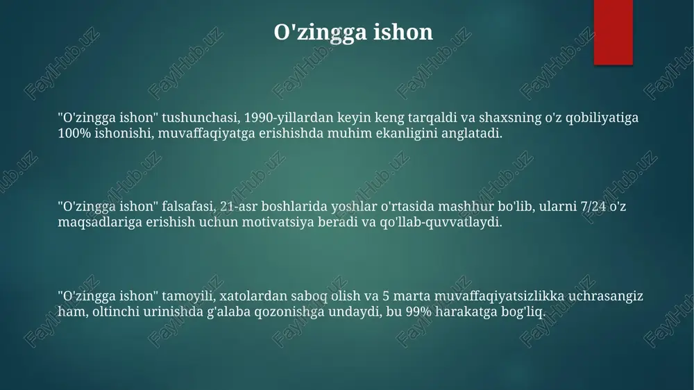 uhim. bu kelajakdagi 80% muvaffaqiyat garovidir. bo'lajak kasbning 5-10 yildagi istiqbolini o'rganish kerak, masalan, it sohasida 30% ga o'sish kutilmoqda. kasb tanlashda 7 xil temperament (xolerik, sangvinik, flegmatik va melanxolik) va 16 turdagi shaxsiy xususiyatlarni inobatga olish zarur. madaniyat va san'at amaliy san'at, masalan, kulolchilik va kashtachilik kabi hunarmandchilik buyumlari yaratishga qaratilgan bo'lib, ular asrlar davomida avloddan-avlodga o'tib kelgan an'analarni saqlab qoladi. madaniyat va san'at turli shakllarda namoyon bo'ladi, jumladan, musiqa, raqs va teatr, ularning har biri o'ziga xos ifoda uslubiga ega bo'lib, xalqning ruhiyatini aks ettiradi. o'zbekistonning boy adabiy merosi, jumladan alisher navoiyning asarlari madaniyat va san'atning muhim qismi bo'lib, insoniy qadriyatlar va ma'naviyatni ulug'laydi. bolalik xotiralari o'zbekistonda 'bolalik xotiralari' ko'pincha oilaviy yig'ilishlar, navro'z bayrami kabi tadbirlar bilan bog'liq bo'lib, bu xotiralar 8-12 yoshgacha esda qoladi. 'bolalik xotiralari' ning 95% dan ortig'i sezgi bilan bog'liq (hidlar, tovushlar, teginish), masalan, qishloqda tandir nonning hidi yoki erta bahorda qushlarning ovozi. bolalik …