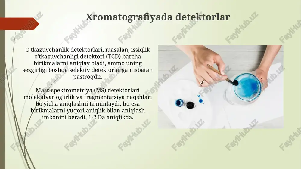 darajasi va ion kuchini o'zgartirish orqali ionlarning qatrondan chiqish vaqtini nazorat qilish mumkin, bu esa aniq ajratishga yordam beradi. xromatografik ma'lumotlarni tahlil qilish peak area *kvantifikatsiya* uchun ishlatiladi, bu erda peak ostidagi maydon birikma konsentratsiyasiga to'g'ri proportsionaldir. kalibrlash egri chiziqlari 3-5 standartdan tuziladi. resolution ko'rsatkichi (rs) ikkita *peak*ning ajratilish sifatini baholaydi. rs > 1.5 optimal hisoblanadi, chunki ikkita peak to'liq ajratilgan bo'ladi. xulosa va kelajakdagi yo'nalishlar ma’lumotlarni tahlil qilishda sun'iy intellekt (si) va mashinali o'rganish (mo) algoritmlari kromatogrammalarni optimallashtirish, tahlil tezligini 25% ga oshirish va natijalarni aniqroq talqin qilishga yordam beradi. kelajakda kromatografiya 2d va 3d tahlillar orqali murakkab namunalarni, masalan, metabolomika va proteomika sohalarida, yuqori aniqlikda ajratish va aniqlash imkoniyatini oshiradi. xromatografiya usullarini tanlash analitik maqsad, masalan, miqdoriy baholash yoki sifatni aniqlash, xromatografiya usulini tanlashda hal qiluvchi ahamiyatga ega, chunki har bir usul turli darajadagi aniqlikni ta'minlaydi. kerakli sezgirlik darajasi va aniqlash chegarasi xromatografik detektorni tanlashda muhim rol o'ynaydi, …