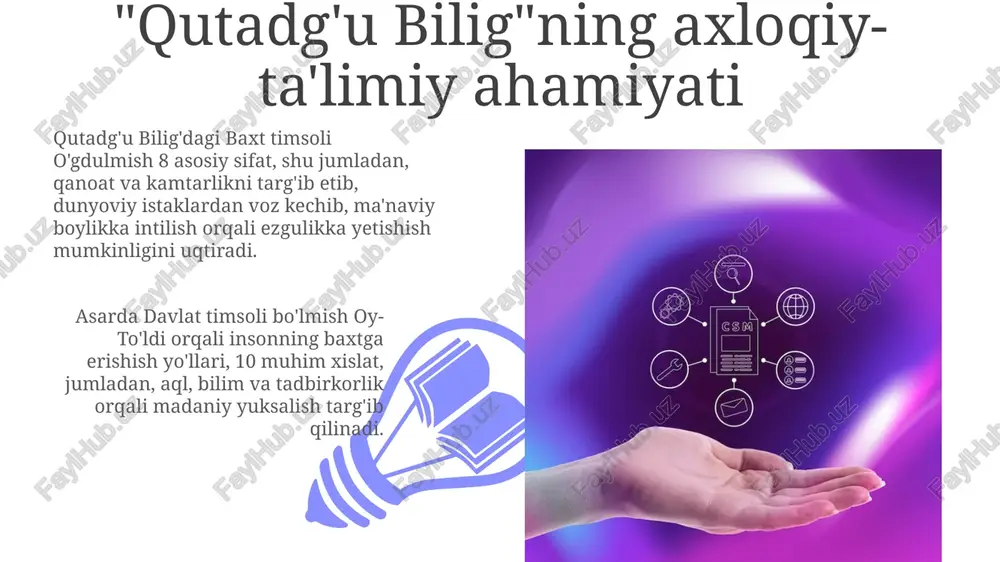 7 ta asosiy nafs buzuqliklaridan (ochko'zlik, manmanlik) chekinishga undaydi. bu fazilat, 3 asosiy his-tuyg'ularni nazorat qilishning muhimligini ko'rsatadi. asarning yaratilish tarixi va ahamiyati "qutadg'u bilig" 1069-1070-yillarda qashqar shahrida yusuf xos hojib tomonidan yozilgan bo'lib, o'sha davr siyosiy va axloqiy qarashlarini aks ettiradi. asarning yaratilishida muallif turli bilim sohalariga, jumladan fiqh, tibbiyot, falakiyot va adabiyotga murojaat qilgan, bu uning keng qamrovli bilimini ko'rsatadi. aql ramzi - o'gdulmish 01 02 aql ramzi, o'gdulmish, "qutadg'u bilig"da 3 asosiy masalani qamrab oladi: bilim orqali yuksalish, xalq manfaatini ko'zlash va 7 iqlimning tinchligini saqlash. sales 1st qtr 2nd qtr 100 0 sales 1st qtr 2nd qtr 100 0 "qutadg'u bilig" asarining o'ziga xos xususiyatlari "qutadg'u bilig"da ideal jamiyat modeli 4 asosiy timsol orqali ifodalangan: adolat (kun to'g'di), baxt (oy to'g'di), aql (o'gdulmish) va qanoat (odg'urmish), bular hukmdor uchun muhimdir. yusuf xos hojibning "qutadg'u bilig" asari 6500 baytdan iborat bo'lib, aruz vaznida yozilgan doston bo'lib, turkiy …