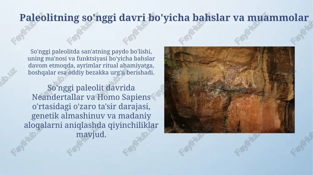 i, masalan, 30000 yil oldin tosh asboblarning texnologik o'zgarishlari. texnologiya va qurollar igna va biz kabi suyakdan yasalgan asboblar tikuvchilik texnologiyasining rivojlanganligidan dalolat beradi, bu esa sovuq iqlim sharoitida odamlarning moslashuvchanligini ta'minlagan. so'nggi paleolitda yangi texnologiya sifatida o'q otish uchun otuvchi moslamalar (atlatllar) paydo bo'lgan, bu esa nayzalarni otish masofasini va kuchini sezilarli darajada oshirgan. paleolitning so'nggi davri: umumiy ko'rinish so'nggi paleolit davrida (taxminan 50 000-10 000 yil oldin) *homo sapiens* ning san'at va texnologiyadagi innovatsiyalari sezilarli darajada oshdi, masalan, tosh o'ymakorligi va o'q yasash. so'nggi paleolit arxeologik joylari murakkab ijtimoiy tuzilmalar, rasm chizish san'ati va marosimlar bilan bog'liq artefaktlarni o'z ichiga oladi, bu insoniyatning kognitiv rivojlanishidan dalolat beradi. avstraliya va amerikadagi dalillar amerikadagi klovis madaniyati, taxminan 13,000 yil avval paydo bo'lgan, o'zining o'ziga xos tosh qurollari bilan mashhur bo'lib, keng tarqalgan texnologik an'anani aks ettiradi. monte verde, chilidagi joylashuv, 14,500 yil avvalgi aholi punktidir. bu amerika qit'asiga insonlarning qanday …