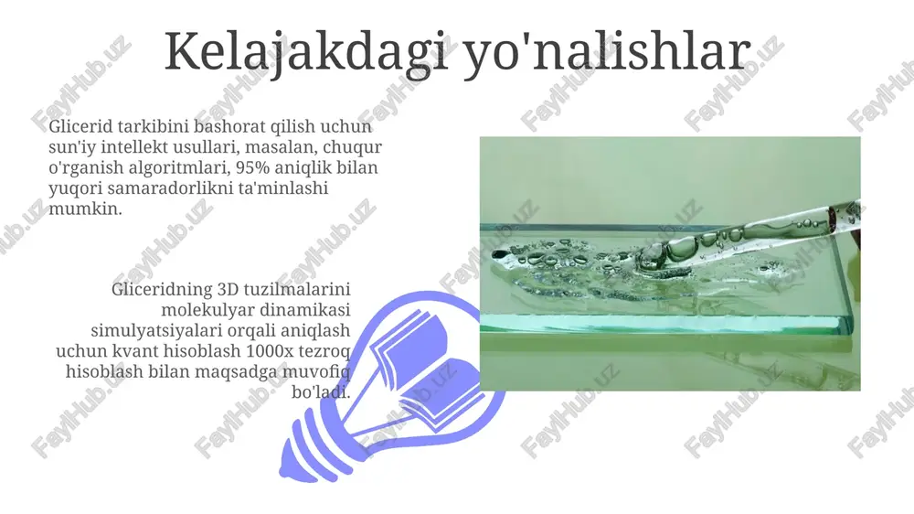 ilishiga ta'sir qiladi. triglitseridlarni bashorat qilish qovurilgan yog'lar va yog'larning oksidlanish barqarorligini optimallashtirishga yordam beradi; masalan, yuqori linoleik kislota miqdori (50% dan ortiq) bilan moylar oksidlanishga ko'proq moyil bo'ladi. statistik modellar statistik modellar, masalan, ko'p o'lchovli regressiya, yog 'kislotalari tarkibi va triglitseridlar orasidagi bog'liqlikni aniqlash uchun 0 dan 1 gacha koeffitsientlarni hisoblashda qo'llaniladi. monte-karlo simulyatsiyalari kabi ehtimollik modellari, triglitserid izomerlarining 95% ishonch oralig'ida tarkibini baholashda muhim ahamiyatga ega. prognozlashning afzalliklari va cheklovlari 01 02 lekin, prognozlashda 5% gacha xatolik bo'lishi mumkin, chunki u faqat empirik ma'lumotlarga asoslanadi va barcha omillarni hisobga olmaydi. sales 1st qtr 2nd qtr 100 0 sales 1st qtr 2nd qtr 100 0 prognozlash usullari: umumiy ko'rinish nir spektroskopiyasi kabi spektral usullar tezkor ma'lumot to'plash va namunani tayyorlashni talab qilmasligi bilan ajralib turadi, natijalarni esa bir necha soniyada olish mumkin, xatolik darajasi 1-3%. kompyuter modellashtirish, masalan, monte karlo simulyatsiyasi, noaniqlikni hisobga olgan holda, triglitserid aralashmalarining mumkin bo'lgan …