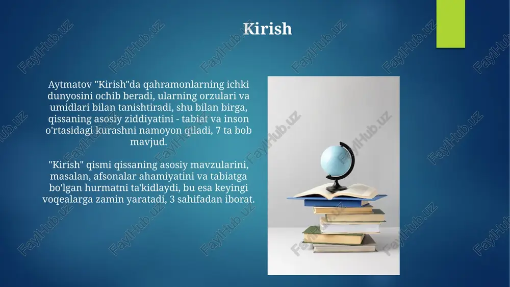 1958-yilda “jamila” qissasi bilan jahon miqyosida tanildi, bu asar uning poetik uslubi va chuqur insonparvarligi bilan ajralib turadi va ko'plab tillarga tarjima qilingan. asar g‘oyasi va mavzusi asar orqali 1 ta bolaning orzulari va uning 4 ta kattalar tomonidan buzilishi ko'rsatilgan. bu 1950-yillarda avlodlar o'rtasidagi ziddiyatni ifodalaydi. asarning mavzusi ma'naviy qadriyatlarning yo'qolishi va ularning o'rnini 3 ta moddiy manfaatlar egallashi, bu esa 1960-yillarda qishloq aholisining o'zgarishini ko'rsatadi. bosh qahramon obrazi tahlili bosh qahramonning orzulari 1960-yillardagi sovet ittifoqining qishloq joylaridagi hayotdan ajralib turadi, u ertaklarga va o'tmishga intiladi, bu uning beozorligini ko'rsatadi. bola obrazi tabiatga yaqinligi, hayvonlar bilan aloqasi orqali ifodalanadi, masalan, bug'u ona obrazi uning uchun muhim, bu uning ruhiy dunyosini boyitadi. e'tiboringiz uchun rahmat image7.jpg image8.jpg image9.jpg image10.jpg image11.jpg image12.jpg image13.jpg image14.jpg image15.jpg image16.jpg image17.jpg image18.jpg image1.png image2.png image3.png image4.png