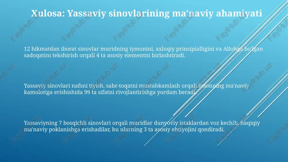bunda hamma teng huquqlarga ega bo'lishi va muomala adolatli bo'lishi lozim. adolat va halollik sinovida, xoja ahmad yassaviy adolatni qaror toptirish uchun 9 ta muhim sifatni ta'kidlaydi: rostgo'ylik, ishonchlilik va haqgo'ylik, bu jamiyat uchun muhimdir. bu sinovda insonning 10 ta asosiy fazilatlari, jumladan, sabr-toqat, kechirimlilik va boshqalari adolat va halollikni namoyon etish uchun imtihondan o'tkaziladi, bu juda muhimdir. sinov tushunchasining yassaviy ta'limotidagi o'rni yassaviyning "devoni hikmat" asarida sinovlar, 7 bosqichdan iborat tariqat yo'lida muridning ma'naviy o'sishi, 40 maqomga erishishi uchun zaruriy jarayon deb ta'kidlanadi. yassaviy ta'limotida sinov, allohning 99 ismlari bilan bog'liq holda, insonning sabr-toqatini, iymonini mustahkamlash uchun berilgan imtihon sifatida tushuniladi. sinovlar, yassaviy hikmatlarida, 4 unsur (suv, havo, olov, tuproq) orqali inson nafsini tarbiyalash, 12 a'zoni poklash va kamolotga yetkazish vositasi ekanligi aytiladi. 4-sinov: ilm olish va ma'rifat tarqatish yasaviy hikmatlarida ilm, 12 mingdan ortiq misralar orqali ifodalangan bo'lib, insonning ma'naviy kamolotga erishishida muhim rol o'ynashi ta'kidlanadi. ilm olish …