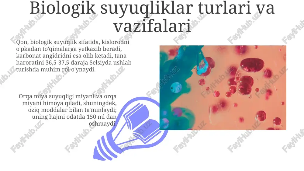 ning ko'tarilishi (stemi) yoki cho'kishi, shuningdek, aritmiyalar (masalan, atrial fibrilatsiya) kabi anormalliklarni ko'rsatishi mumkin. qonning fizik-kimyoviy xususiyatlari: osmotik bosim qonning osmotik bosimi 0.9% nacl eritmasi (fiziologik eritma) osmotik bosimiga teng boʻlib, bu eritma hujayralar uchun izotonik hisoblanadi, yaʼni hujayralar shaklini saqlaydi. qonning osmotik bosimi, asosan, unda erigan elektrolitlar (masalan, na+, cl-) konsentratsiyasi bilan belgilanadi va bu bosimning qiymati fiziologik sharoitda taxminan 7.6 atm ni tashkil etadi. xulosa biologik suyuqliklarning osmotik bosimi, masalan, qon plazmasi, hujayra funktsiyasini saqlash uchun 280-300 mosm / kg ni tashkil qiladi va bu ko'rsatkichning buzilishi hujayra shikastlanishiga olib kelishi mumkin. ekg tahlili yurakning elektr faolligini aniqlashda muhim ahamiyatga ega, unda p to'lqini, qrs kompleksi va t to'lqini kabi elementlar 60-100 bpm normal tezlikda baholanadi. qon: tarkibi va funktsiyalari 01 02 qon plazmasi tarkibida taxminan 90-92% suv, 7-8% oqsillar (albumin, globulin, fibrinogen) va 1-2% elektrolitlar (na+, k+, cl-) mavjud bo'lib, metabolizm mahsulotlari ham uchraydi. sales 1st qtr …