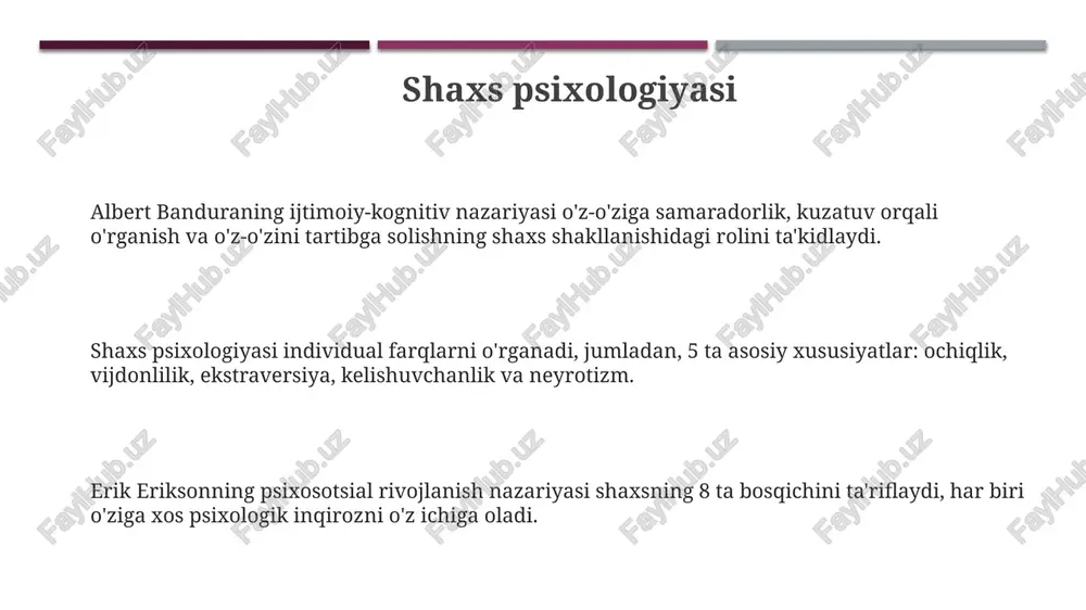 shuningdek, motivatsiya va emotsiyalar kabi ichki kechinmalarni o'rganadi, bu jarayonlar xulq-atvorga 70% ta'sir qiladi. ong va ongsizlik “ong” sub’ektiv tajribani, 100 milliarddan ortiq neyronni oʻz ichiga olgan miya faoliyatini va fikrlash, his qilish kabi psixologik jarayonlarni anglatadi. “ongsizlik” esa, xatti-harakatga ta’sir etuvchi, ammo toʻgʻridan-toʻgʻri bilib boʻlmaydigan fikrlar, xotiralar va instinktlarni oʻz ichiga olgan psixikaning bir qismidir. freyd nazariyasiga koʻra, ongsizlik 3 asosiy komponentdan – id, ego va superegodan iborat boʻlib, ular inson xatti-harakatini doimiy ravishda shakllantiradi. psixologik tadqiqot metodlari so'rovnomalar o'z-o'zini baholash ma'lumotlarini olish uchun standartlashtirilgan savollardan foydalanadi, katta hajmdagi namunalar bo'yicha tezkor ma'lumot yig'ish imkonini beradi. kuzatuv metodi tabiiy sharoitda xatti-harakatlarni qayd etadi, eksperimental manipulyatsiya yo'q, faqat ma'lumot yig'ish bilan cheklanadi. eksperimentlar sabab-oqibat aloqalarini aniqlash uchun o'zgaruvchilarni manipulyatsiya qiladi; nazorat guruhi va eksperimental guruh farqlarni solishtirish uchun ishlatiladi. e'tiboringiz uchun rahmat
