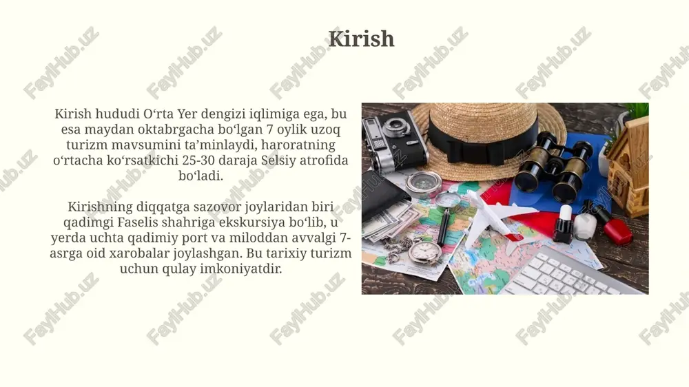 iq konlari mavjud bo'lib, teri kasalliklariga ijobiy ta'sir ko'rsatadi. madaniy turizm: ta'rifi va turlari madaniy turizm – bu 20 dan ortiq tarixiy obidalarni o'rganish, milliy urf-odatlar va an'analarni his etishga qaratilgan sayohat shaklidir. arxeologik turizm – 3000 yillik tarixga ega bo'lgan afrosiyob kabi qadimiy shahar xarobalarini o'rganishga yo'naltirilgan madaniy turizmning bir turidir. o'zbekistonda madaniy turizm ob'ektlari buxoro shahri, buyuk ipak yo'lida joylashgan 140 dan ortiq arxitektura yodgorliklariga ega bo'lib, 2500 yillik tarixi davomida turli xil madaniy ta'sirlarni aks ettiradi. ichan-qal'a, xivadagi unesco merosi ob'ekti, o'rta osiyo arxitekturasining ajoyib namunasi bo'lib, 250 dan ortiq tarixiy uylar va yodgorliklarni o'z ichiga oladi. e'tiboringiz uchun rahmat image4.jpg image5.jpg image6.jpg image7.jpg image8.jpg image9.jpg image10.jpg image11.jpg image12.jpg image13.jpg image14.jpg image15.jpg
