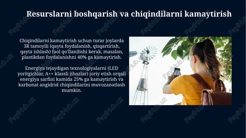 acha kam uglerodli yoqilg'i va elektr transport vositalariga investitsiyalarni o'z ichiga oladi. davlat-xususiy sheriklik (dxsh) barqaror transport loyihalarini moliyalashtirishda muhim rol o'ynaydi, infratuzilma xarajatlarini 30% ga kamaytirishi mumkin. ekologik barqarorlik: atrof-muhitga ta'sirni minimallashtirish suvni tejash muhim: mehmonxonalarda dush va krandan suv sarfini 30% ga kamaytirish uchun suvni tejaydigan uskunalarni o'rnatish zarur. ekologik barqarorlik turizmda karbon izini kamaytirishni talab etadi, misol uchun, avtotransport o'rniga 80% elektr transport vositalaridan foydalanishni o'z ichiga oladi. barqaror turizmning mohiyati va ahamiyati barqaror turizm kelajak avlodlarning ehtiyojlarini qondirish imkoniyatini saqlab qolgan holda, 2030 yilgacha turizmning atrof-muhitga ta'sirini kamaytirishga qaratilgan. u mahalliy aholi uchun ish o'rinlari yaratish, infratuzilmani yaxshilash va madaniy merosni saqlash orqali turizmning ijobiy iqtisodiy va ijtimoiy ta'sirini kuchaytirishga yordam beradi. energiya samaradorligi va qayta tiklanadigan energiya manbalari energiya samaradorligini oshirish uchun binolarda izolyatsiyani 30% gacha yaxshilash va led yoritgichlaridan foydalanish energiya sarfini sezilarli darajada kamaytiradi. qayta tiklanadigan energiya manbalari, masalan, quyosh panellari 25 yilgacha …