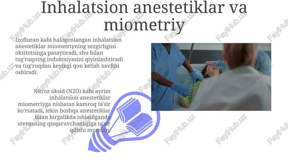 iy anestetiklar dozaga qarab miometriyga turlicha ta'sir etadi. yuqori dozalarda ular qisqarishni to'xtatishi, past dozalarda esa stimullashi mumkin. mahalliy anestetiklar miometriyning qisqarishiga ta'sir qilishi mumkin. misol uchun, bupivakain kabi dorilar kuchlanishni pasaytirib, sezgirlikni kamaytiradi. anestetiklarning miometriyaga klinik ta'siri umumiy behushlik vositalari, masalan, halotan, miometriyani bo'shashtirishi mumkin, bu esa qon ketishini kuchaytirishi va bachadon tonusini pasaytirishi mumkin, ayniqsa sezaryen paytida. mahalliy behushlik, masalan, epidural, sezaryendan keyin og'riqni kamaytirish uchun ishlatiladi, ammo miometriyaga bevosita ta'sir qilmaydi, shuning uchun bachadon kontraktilligiga ta'sir minimal. miometriyaga ta'sir etuvchi vositalar: kirish 01 02 bachadon qisqarishini boshqaruvchi asosiy omillarga ion kanallari (kaltsiy, kaliy), gormonlar (oksitotsin, prostaglandinlar) va signalizatsiya yo'llari (mapk) kiradi. sales 1st qtr 2nd qtr 100 0 sales 1st qtr 2nd qtr 100 0 e'tiboringiz uchun rahmat image5.jpg image6.jpg image7.jpg image8.jpg image9.jpg image10.jpg image11.jpg image12.jpg image13.jpg image14.jpg image15.jpg image16.jpg image1.jpeg image2.jpeg image3.jpeg