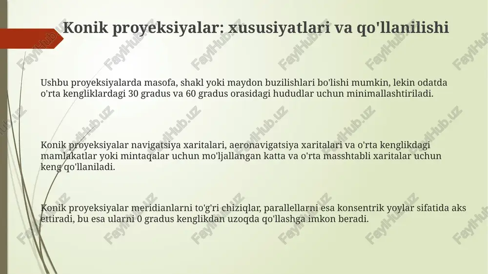 atalar tizimini (masalan, geografik kenglik va uzunlikni) tekislik koordinatalariga (x va y) oʻzgartiradi, 1:1000000 kabi masshtablarni saqlaydi. proyektsiyalar har doim buzilishlarga olib keladi, chunki sferani tekislikka choʻzmasdan tasvirlashning iloji yoʻq; masofa, burchak va shakl oʻzgarishi kuzatiladi. turli proyeksiyalarning afzalliklari va kamchiliklari azimutal proyeksiyalarda markazdan masofalar aniq, lekin shakllar va maydonlar markazdan uzoqlashganda buziladi, aniqlik darajasi 10 gradus ichida saqlanadi. silindrik proyeksiyalar, masalan, mercator, shakllarni saqlab qoladi (konformal), lekin maydonlarni qattiq buzadi, qutblar hududini 500% dan ortiq oshirib ko'rsatadi. konik proyeksiyalarda masofalar va shakllar faqat standart parallel bo'ylab aniq, boshqa joylarda esa buzilishlar mavjud, bu esa 20% gacha xatolikka olib kelishi mumkin. maxsus proyeksiyalar ba'zi maxsus proyeksiyalar navigatsiya yoki kartografiya kabi ma'lum bir maqsadga qaratilgan bo'lib, masofani, yo'nalishni yoki shaklni aniq ko'rsatishga qaratilgan 0.9996 o'lchov bilan ishlaydi. maxsus proyeksiyalar muayyan hududlarni, masalan, bir davlatni yoki qit'ani tasvirlash uchun mo'ljallangan, ularning buzilish darajasi boshqa hududlarga nisbatan kamroq bo'ladi. maxsus proyeksiyalarda, masalan, gal-peters …