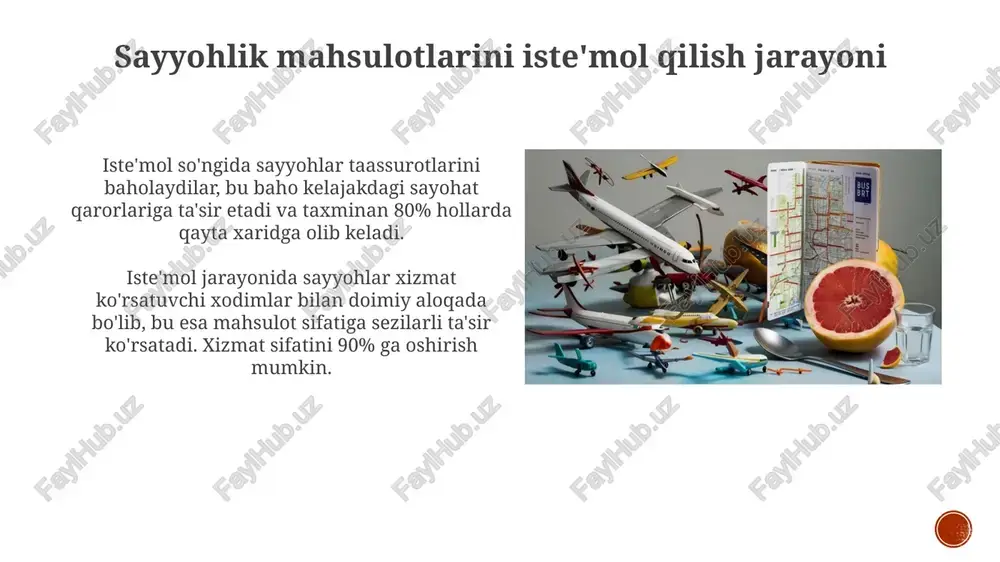 ga ega emas. o‘zbekistonga kelgan turistlar 7 kunlik tur paketini sotib olishadi, lekin agar ular bu vaqt ichida kelmasa, tur paketning qiymati yo'qoladi. hech qanday qaytarib berish yoki kechiktirish yoq. iste'mol jarayonini optimallashtirish iste'mol jarayonini optimallashtirishda, foydalanuvchi tajribasini baholash uchun nps (net promoter score) kabi ko'rsatkichlardan foydalanish, xizmat sifatini yaxshilashga yordam beradi. turizm mahsulotlarining iste'molini optimallashtirish uchun, mijozlar uchun qulay bo'lgan onlayn bron qilish tizimlari va 24/7 qo'llab-quvvatlash xizmatlarini joriy etish muhim. xulosa turizm mahsulotini iste'mol qilish jarayoni (consumption process) xaridorning tajribasi va qoniqish darajasiga bevosita ta'sir qiladi, shuning uchun bu jarayonni diqqat bilan boshqarish kerak. olingan saboqlarni tadbiq etish orqali, turizm korxonalari raqobatbardosh ustunlikka erishishlari, mijozlar sadoqatini oshirishlari va biznes barqarorligini ta'minlashlari mumkin. e'tiboringiz uchun rahmat image5.jpg image6.jpg image7.jpg image8.jpg image9.jpg image10.jpg image11.jpg image12.jpg image13.jpg image14.jpg image15.jpg image16.jpg image1.png image2.png image3.png