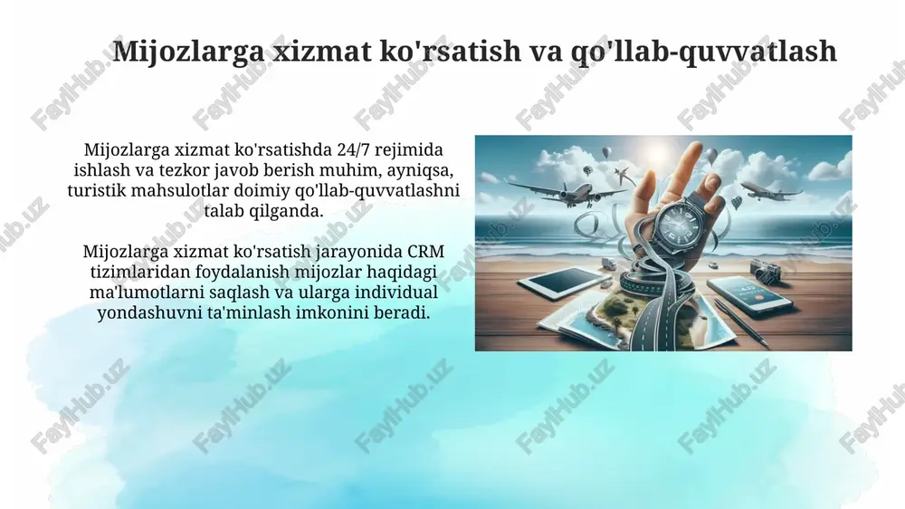 soblanadi. narx belgilash strategiyasi narxlarni pasaytirish strategiyasi, aksincha, bozorni tezda egallash uchun past narxlarni belgilaydi, keyinchalik bozorda o'rnashib olgandan so'ng narxlar asta-sekin oshiriladi. raqobat narxlari strategiyasi bozorda o'xshash mahsulotlar uchun o'rtacha narxni belgilashni o'z ichiga oladi, bu raqobatchilar bilan narx urushidan qochishga yordam beradi. mahsulotni baholash va monitoring qilish mahsulotning hayot davri monitoringi orqali olingan ma'lumotlar asosida 5 bosqichda (ishlab chiqish, joriy qilish, o'sish, yetuklik va pasayish) strategiyalar o'zgartiriladi. baholashda nps (net promoter score) kabi ko'rsatkichlar iste'molchilarning mahsulotga bo'lgan sodiqligini aniqlashga yordam beradi, bu esa 3-5% mijozlar ushlab qolinishini ta'minlaydi. mahsulotni sotish va yetkazib berish yetkazib berish jarayonida logistika va transport xarajatlarini optimallashtirish orqali 15-20% gacha tejamkorlikka erishish mumkin, bu mahsulotning narx raqobatbardoshligini oshiradi. mahsulotni sotishda onlayn platformalar, masalan, bron qilish tizimlari va sayohat agentliklari bilan hamkorlik 75% gacha savdoni oshirishi mumkin, bu esa turizm mahsulotining kengroq auditoriyaga yetib borishini ta'minlaydi. e'tiboringiz uchun rahmat image3.jpg image4.jpg image5.jpg image6.jpg image7.jpg image8.jpg …