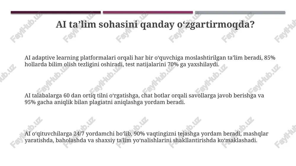alan, 2023-yilda 35% oʻsish kuzatilgan. kirishda ai texnologiyalarining (masalan, adaptiv oʻquv platformalarining) pedagogik yondashuvlarni 15% gacha optimallashtirish imkoniyati borligi haqida aniq misollar keltirilishi lozim. e'tiboringiz uchun rahmat