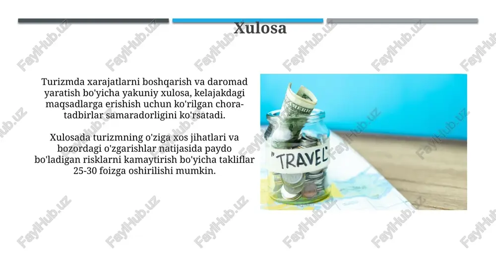 tkichini o'lchash orqali. daromadlarni oshirish strategiyalari narxlarni optimallashtirish, dinamik narxlash texnologiyalari orqali mavsumiy talabga moslashadi, shuningdek, xonalarni band qilish darajasini 15 foizga oshiradi va daromadni ko'paytiradi. loyallik dasturlari va hamkorlik shartnomalari mijozlarni ushlab turish va yangi mijozlarni jalb qilish uchun juda muhim, bu esa mijozlarning qaytish stavkasini 30 foizga oshiradi. marketing va sotishni yaxshilash mijozlar ishonchini oshirish uchun shaffof narx siyosatini joriy eting, har bir xizmat narxini aniq ko'rsating va yashirin to'lovlardan saqlaning. maxsus takliflar, chegirmalar yoki qo'shimcha xizmatlarni o'z ichiga olgan shaxsiylashtirilgan elektron pochta marketing kampaniyalarini yo'lga qo'ying, segmentatsiya usulidan foydalaning. turizmda xarajatlarni boshqarishning ahamiyati effektiv xarajatlarni kamaytirish strategiyalari, masalan, energiya tejovchi texnologiyalar, 5-7% operatsion xarajatlarni qisqartirib, narxlarni raqobatbardosh qiladi. xarajatlarni boshqarish, 10-15% foyda marjasini oshirib, turistik firmalarga investitsiyalar uchun qo'shimcha mablag' yaratishga imkon beradi. e'tiboringiz uchun rahmat image2.jpg image3.jpg image4.jpg image5.jpg image6.jpg image7.jpg image8.jpg image9.jpg image10.jpg image11.jpg image12.jpg image13.jpg image14.jpg