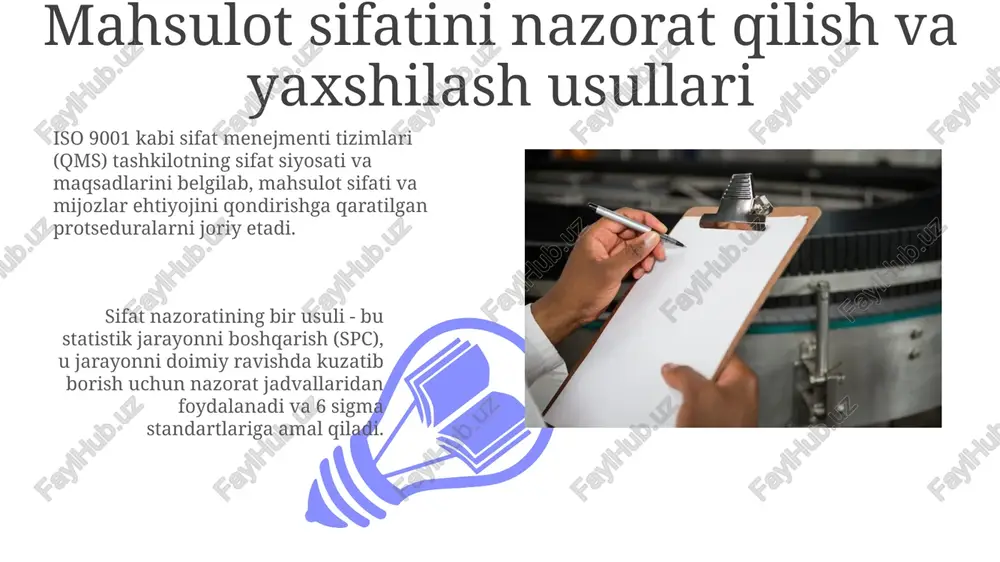 ) o'z ichiga oladi, bu kamchiliklarni aniqlash va yo'q qilishga yordam beradi. sifat nazorati mahsulot yoki xizmatning talablarga javob berishini ta'minlash uchun 100% tekshiruv o'rniga sampling va statistik usullardan foydalanadi. ishlab chiqarishda sifat nazorati ishlab chiqarishda sifat nazorati mahsulotning 100% tekshiruvini yoki aql (acceptable quality level) asosida namunaviy tekshiruvni o'z ichiga olishi mumkin, bu esa xatolik darajasini aniqlaydi. sifat nazorati jarayonida statistik jarayon nazorati (spc) usullari qo'llaniladi, masalan, nazorat kartalari, jarayonning o'zgaruvchanligini kamaytirish uchun 6 sigma metodologiyasi. sifat bo'yicha auditlar 01 02 sifat auditlari doimiy takomillashtirish tsiklini (pdca) qo'llab-quvvatlaydi, bu orqali 100% sifatli mahsulot ishlab chiqarish uchun jarayonlarni muntazam ravishda baholash va optimallashtirish imkonini beradi. sales 1st qtr 2nd qtr 100 0 sales 1st qtr 2nd qtr 100 0 e'tiboringiz uchun rahmat image5.jpg image6.jpg image7.jpg image8.jpg image9.jpg image10.jpg image11.jpg image12.jpg image13.jpg image14.jpg image15.jpg image16.jpg image1.jpeg image2.jpeg image3.jpeg