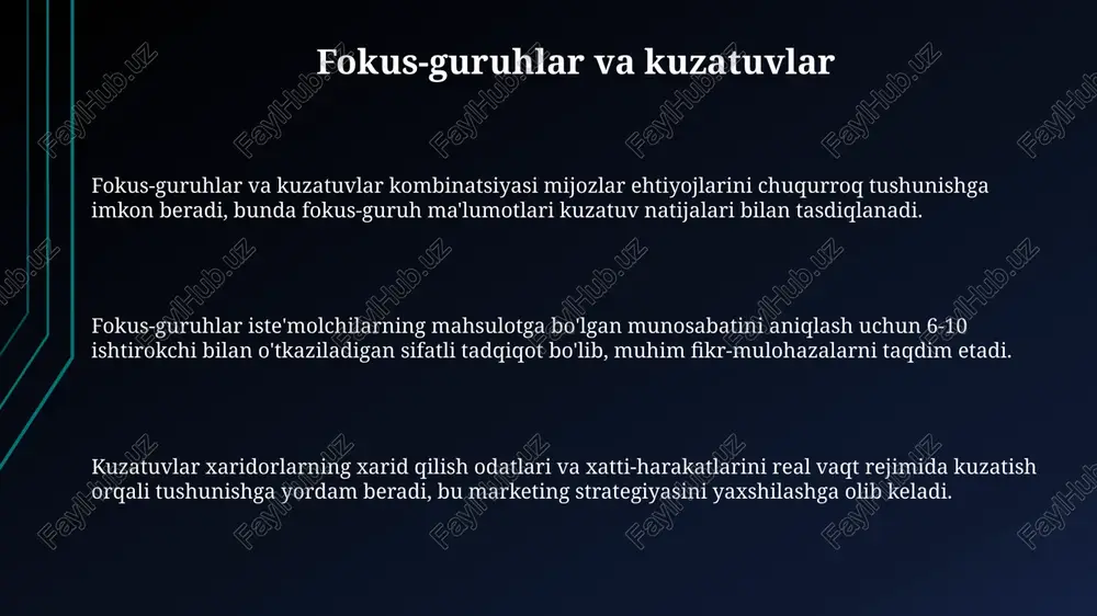 hun birgalikda qo'llaniladi, chunki har biri turli ma'lumot beradi. intervyular chuqur tushunchalarni beradi, masalan, iste'molchilarning xatti-harakatlariga ta'sir etuvchi motivlar yoki mahsulotning 70% iste'molchilar tomonidan qanday qabul qilinishi. so'rovlar miqdoriy ma'lumotlarni, masalan, 5 ballik shkala bo'yicha qoniqish darajasini baholashni ta'minlaydi, demografik segmentlar bo'yicha tendensiyalarni aniqlash imkonini beradi. mijozlar ehtiyojlarini aniqlash usullari kuzatuv usuli, xaridorlar xatti-harakatlarini bevosita kuzatish orqali, ularning mahsulotni tanlash sabablari va xarid qilish jarayoni 7/24 real vaqtda tahlil qilinadi. mijozlar ehtiyojlarini aniqlash uchun **“so'rovnomalar”** muhim rol o'ynaydi, ularda demografik ma'lumotlar va xarid qilish odatlari, masalan, mahsulotdan qoniqish darajasi 1 dan 10 gacha baholanadi. fokus-guruhlar – 5-10 kishilik guruhlar mahsulot yoki xizmat haqida o'z fikrlarini bildiradilar, bu orqali sifatli ma'lumotlar to'planadi va yangi g'oyalar paydo bo'lishiga imkon yaratiladi. nima uchun bozor segmentatsiyasi muhim? bozor segmentatsiyasi 10-20% samaradorroq marketing kampaniyalarini yaratadi, chunki xaridorlarning aniq ehtiyojlari va afzalliklariga moslashtirilgan xabarlar ishlab chiqiladi. segmentatsiya orqali resurslarni maqsadli guruhlarga yo'naltirish 25% gacha roi (investitsiyalarning …