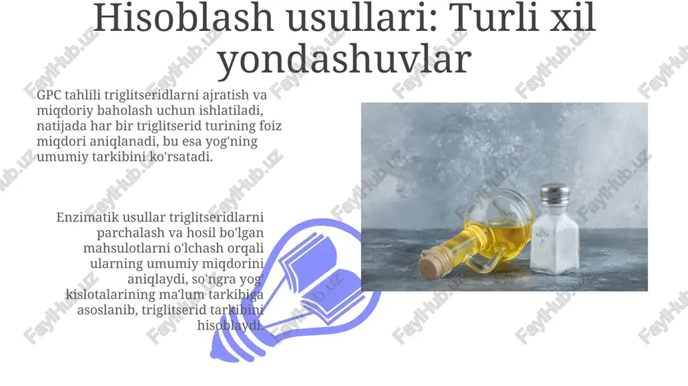 foiz tarkibidan foydalaniladi, bu foizlarni atom massalariga bo'lish orqali mol nisbatlari topiladi. elementar analiz ma'lumotlaridan foydalanib, birikmadagi har bir elementning massa foizini aniqlash va ularni mol nisbatlariga aylantirish empirik formulani topishning asosiy usulidir. paxta yog'ining triglitserid tarkibi triglitserid tarkibini hisoblashda har bir yog' kislotasining molyar massasi va foiz miqdori inobatga olinadi, shuningdek, umumiy triglitserid molekulalarining o'rtacha molekulyar og'irligi aniqlanadi. paxta yog'i tarkibidagi triglitseridlar turli xil pozitsiyalarda (sn-1, sn-2, sn-3) yog' kislotalari bilan bog'langan bo'ladi, bu esa uning fizik-kimyoviy xususiyatlariga ta'sir etadi. 2-usul: kompyuter modellashtirish 01 02 kompyuter modellashtirish, 1960-yillardan boshlab, molekulyar dinamika simulyatsiyalari orqali triglitseridlarning harakatini modellashtirishda qo'llaniladi, bu esa ularning xossalarini o'rganishga yordam beradi. sales 1st qtr 2nd qtr 100 0 sales 1st qtr 2nd qtr 100 0 paxta yog'i tarkibi: umumiy ma'lumot paxta yog'i tarkibida asosan uchta yog' kislotasi - palmitin (20-30%), olein (15-25%) va linolein (40-55%) kislotalari mavjud bo'lib, ular triglitseridlar shaklida birikkan. paxta yog'ining tarkibi geografik …