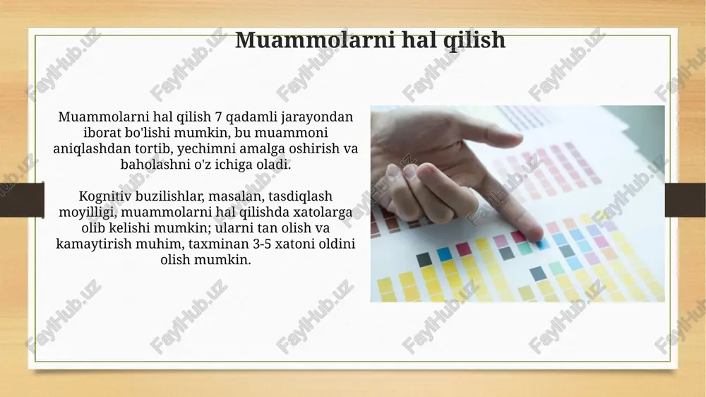 rkibiy qismlarining harakatlanishi, har bir komponentning harakatchan va statsionar fazalar o'rtasida taqsimlanish koeffitsientiga bog'liqdir. kog'oz xromatografiyasi kapillyar harakatga asoslangan bo'lib, bunda erituvchi kog'oz orqali yuqoriga ko'tariladi va har xil komponentlar 1 dan 100 gacha turli tezliklarda ajratiladi. kirish «kirish» – risoladagi muammoni, tadqiqot mavzusining dolzarbligini, asosiy maqsad va vazifalarni 20-40 so'z oralig'ida ochib beradigan muhim qism hisoblanadi. kirish, odatda, tadqiqot ob'ekti va predmetini aniq belgilaydi, bu esa ishning keyingi bosqichlarida 20-40 so'z bilan aniq yo'nalishni ko'rsatadi. amaliyotga misollar o'simlik pigmentlarini ajratishda, masalan, xlorofill a va b, karotinoidlar kabi birikmalarni ajratish uchun qog'oz xromatografiyasi oddiy va arzon usul hisoblanadi. siyoh tarkibidagi bo'yoqlarni aniqlash, ularning kimyoviy tuzilishini tahlil qilish va turli siyohlarning tarkibini solishtirishda qog'oz xromatografiyasi kriminalistikada muhim rol o'ynaydi. xromatografiya kamerasini sozlash xromatografiya kamerasini sozlashda, erituvchi tizimning to'g'ri tanlanganligi muhim, chunki bu rf qiymatiga ta'sir etadi (0 dan 1 gacha bo'lgan oraliqda bo'lishi kerak). qog'ozning erituvchiga tegib ketmasligi kerak, aks holda …