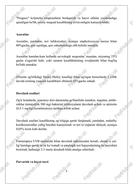 sallik bilan og'rigan 5000 dan ortiq bemor uchun yangi davolash usullarini ta'kidlashi mumkin. epidermoliz bullez haqida umumiy ma'lumot kasallikning og'irligi turlicha bo'lib, ba'zi bemorlarda yengil pufakchalar paydo bo'lsa, boshqalarda esa butun tanada jiddiy jarohatlar kuzatiladi, umr ko'rish davomiyligi qisqaradi. epidermoliz bullez – bu terining mexanik ta'sirga o'ta sezgir bo'lishi va pufakchalar hosil bo'lishi bilan xarakterlanadigan genetik kasalliklar guruhidir. epidermoliz bullezning asosiy 4 ta turi mavjud: oddiy epidermoliz bullez, chegaraviy epidermoliz bullez, distrofiy epidermoliz bullez va kindler sindromi, har bir turining o'ziga xos genetik sabablari bor. xavf omillari hailey-hailey kasalligi uchun asosiy xavf omili bu *atp2c1* genidagi genetik mutatsiya bo'lib, 50% holatlarda ushbu gendagi o'zgarishlar kasallikka sabab bo'ladi. bullous epidermolizda xavf omillari kollagen vii yoki laminin 332 oqsillarini kodlovchi genlardagi mutatsiyalarni o'z ichiga oladi, bu terining tuzilishiga jiddiy ta'sir qiladi. oilaviy anamnez va genetik moyillik bullous epidermoliz va hailey-hailey kasalligi rivojlanishida katta ahamiyatga ega; oilada kasallik bo'lsa, xavf 50% gacha oshishi …