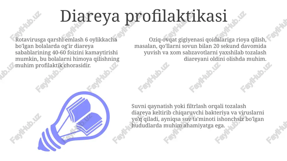 biopsiya olish imkonini beradi. diareya diagnostikasida najasning tekshiruvi muhim. unda bakteriyalar, parazitlar yoki viruslar aniqlanishi, shuningdek, yog' miqdori baholanishi mumkin, bu esa malabsorbsiyani ko'rsatishi mumkin. diareya sabablari ayrim dori-darmonlar, masalan, antibiotiklar (flora muvozanatini buzadi) yoki antatsidlar (magniy asosida), ichak harakatini tezlashtirishi va diareya kabi nojo'ya ta'sirlarni keltirib chiqarishi mumkin. laktoza yetishmovchiligi kabi oziq-ovqatga sezgirlik, ba'zi odamlarda diareyaga olib kelishi mumkin, chunki organizm sut mahsulotlarida mavjud bo'lgan laktoza 12 uglerodli disaxaridni hazm qila olmaydi. infektsion diareya ko'pincha viruslar (masalan, norovirus, rotavirus), bakteriyalar (e. coli, salmonella) yoki parazitlar ta'sirida paydo bo'ladi va oziq-ovqat zaharlanishi sabab bo'lishi mumkin. dehidratatsiya va uning oldini olish dehidratatsiya holatida, elektrolitlar muvozanatini tiklash zarur, chunki natriy, kaliy va xlorid kabi muhim minerallar yo'qoladi. maxsus elektrolit ichimliklar yoki kokos suvi yordam berishi mumkin. dehidratatsiya 2% suyuqlik yo'qotish bilan boshlanadi, bu charchoqni keltirib chiqaradi. oralit yoki tuzli suv eritmasi (bir litr suvga 1 choy qoshiq tuz va 6 choy qoshiq …