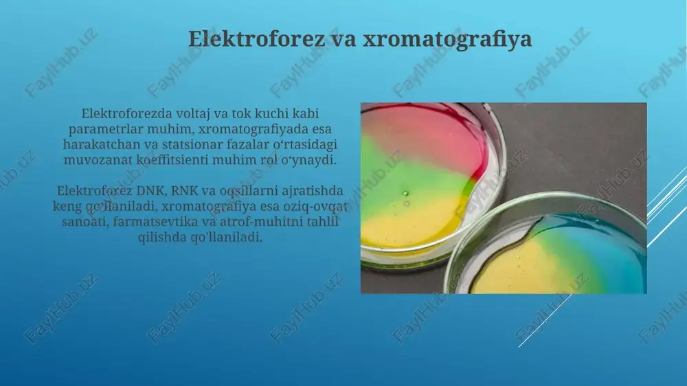 fiya 10 martagacha tezroq ajratish va kamroq erituvchilardan foydalanishga olib keladi, tahlil narxini sezilarli darajada pasaytiradi. sun'iy intellekt (si) va mashinani o'rganish (mo) xromatografik jarayonlarni optimallashtiradi, ajratish parametrlarini bashorat qiladi va ma'lumotlarni tahlil qilishni avtomatlashtiradi, samaradorlikni oshiradi. ion almashinuvchi xromatografiyasi ion almashinuvchi xromatografiyasi ionlangan molekulalarni ajratish uchun ishlatiladi, bunda qatron tarkibidagi zaryadlangan funktsional guruhlar eritmadagi qarama-qarshi zaryadlangan ionlar bilan o'zaro ta'sirlashadi. ion almashinuvchi qatronlar kuchli kislotali (masalan, sulfon kislotasi) yoki kuchli asosli (masalan, to'rtlamchi ammoniy) funktsional guruhlarga ega bo'lib, ular keng ph diapazonida ionlashgan holda qoladi. gaz xromatografiyasi (gc) gc kolonkalari ikki turga bo'linadi: qadoqlangan va kapillyar. kapillyar kolonkalari yuqori o'lchamlilikni ta'minlaydi, odatda 0.25 mm ichki diametrga ega va murakkab aralashmalarni ajratishda afzal ko'riladi. gcda detektorlar turli xil, masalan, fid (olov ionlanish detektori) organik birikmalarni aniqlash uchun ishlatiladi, issiqlik o'tkazuvchanligi detektori (tcd) esa umumiyroq detektor hisoblanadi. affinitet xromatografiyasi ushbu usul ferment-substrat, antitel-antigen kabi o'zaro ta'sirlardan foydalanib, juda toza mahsulotlarni olish …