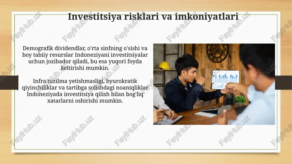 ndoneziyaga investitsiyalarning 35% dan ortig'i qayta ishlash sanoatiga yo'naltirildi, bu esa ishlab chiqarish sektorining muhimligini ko'rsatadi. konchilik sektoriga investitsiyalar 2023-yilda 12% ni tashkil etdi, bu indoneziyaning tabiiy resurslar boyligining ahamiyatini aks ettiradi. kirish v oktyabre 2023 goda kirish planirovala privlech 25 millionov shvedskix kron posredstvom garantirovannogo vipuska aktsiy, chtobi ukrepit svoy kapital dlya budushix investitsiy i operativnoy deyatelnosti. kirish investment ab, shvedskaya investitsionnaya kompaniya, v pervom polugodii 2023 goda soobshila o chistom ubitke v razmere 10,6 milliona evro, chto otrajaet slojnuyu globalnuyu ekonomicheskuyu obstanovku. indoneziya investitsiya muhitiga umumiy nuqtai indoneziya janubi-sharqiy osiyodagi eng yirik iqtisodiyot bo'lib, 2023-yilda yaim o'sishi 5% atrofida bo'lishi kutilmoqda, bu esa barqaror investitsiya imkoniyatini yaratadi. indoneziya hukumati investitsiyalarni rag'batlantirish uchun soliq imtiyozlari va byurokratik to'siqlarni kamaytirishga qaratilgan bir qator islohotlarni amalga oshirmoqda. e'tiboringiz uchun rahmat image8.jpg image9.jpg image10.jpg image11.jpg image12.jpg image13.jpg image14.jpg image15.jpg image16.jpg image17.jpg image18.jpg image19.jpg image3.png image4.png