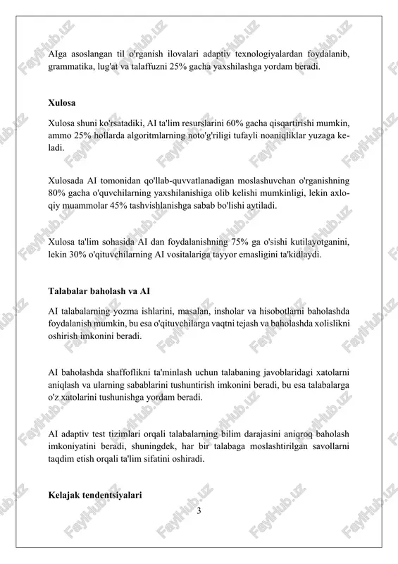 muloqotga sarflaydi, bu esa ularning rolini mentorlikka o'zgartiradi. ai orqali kontent yaratish ai orqali kontent yaratishda xatarlarni baholash muhim, chunki plagiat yoki noto’g’ri ma’lumotlar tarqalishi mumkin, ularni aniqlash uchun 95% aniqlikdagi plagiat detektorlaridan foydalanish zarur. ai kontent yaratishda avtomatlashtirishni ta’minlaydi, masalan, dars rejalari uchun matnlar generatsiyasi, bu esa o’qituvchilarning vaqtini 25-30% gacha tejashga yordam beradi. ai kontent yaratishda interaktiv o’quv materiallari ishlab chiqishga yordam beradi, masalan, 3d modellar yoki virtual sayohatlar, bu talabalarning tushunish darajasini 40% gacha oshirishi mumkin. ai ta'limdagi qiyinchiliklar va xavflar shaxsiy aloqa va empatiya etishmasligi, ai-ga asoslangan o'qitish tizimlari inson o'qituvchilarining 4 asosiy vazifasini to'liq bajara olmasligi mumkin. ma'lumotlarning maxfiyligi va xavfsizligi, ayniqsa, talabalar haqidagi shaxsiy ma'lumotlarni qayta ishlaydigan ai tizimlari uchun 128-bitli shifrlash zarurligi muammosidir. ai algoritmlaridagi tarafkashlik natijasida paydo bo'lishi mumkin bo'lgan adolatsizlik va tengsizliklar, 7 xil o'quv dasturida tekshirilishi kerak. inklusivlik va tenglik imkoniyatlari sun’iy intellekt 100+ tilda tarjima qila oladigan vositalar bilan …