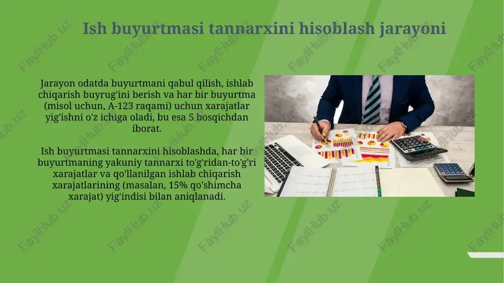 ulalardan foydalanadi. xulosa ish buyurtmasi narxi usuli turli xarajatlarni aniq hisobga oladi, shuning uchun xulosada, har bir buyurtma uchun materiallar, ish haqi va ishlab chiqarish xarajatlari umumlashtirilishi kerak. xulosada, ish buyurtmasi narxi usuli turli buyurtmalarning rentabelligini taqqoslash imkoniyatini beradi va kelajakda narx strategiyasini takomillashtirish uchun muhim ma'lumotlarni taqdim etadi. ish buyurtmasi tannarxini hisoblash usuli: kirish ish buyurtmasi tannarxini hisoblash usuli har bir alohida ish yoki buyurtma uchun bevosita materiallar, mehnat va ishlab chiqarish xarajatlarini aniqlashga qaratilgan. ushbu tizim ko'pincha 100 ta bir xil mahsulot ishlab chiqarishdan ko'ra, 1 ta noyob buyurtma asosida amalga oshiriladigan maxsus buyurtmalarda qo'llaniladi. ish buyurtmasi tannarxining ta'rifi va mohiyati ish buyurtmasi tannarxi korxonaga har bir buyurtma (masalan, 25 ta kompyuter yig'ish) uchun rentabellikni aniqlashga, narxlarni optimallashtirishga va resurslardan foydalanishni yaxshilashga yordam beradi. ish buyurtmasi tannarxi – bu 100% moslashtirilgan mahsulot yoki xizmatning har bir alohida buyurtmasi uchun sarflangan to'g'ridan-to'g'ri xarajatlarni (masalan, materiallar) hisoblash usuli. e'tiboringiz uchun …