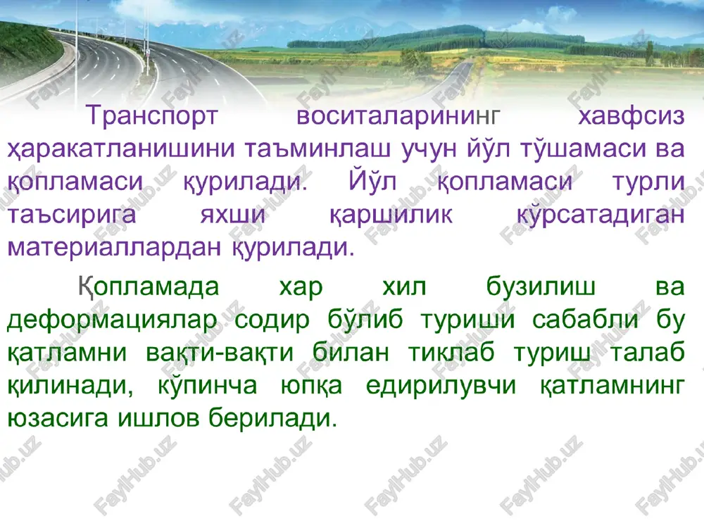 hekkalarini bostirib qo'yish lozim. polietilen plenka to'g'ri tushayotgan quyosh nurlari ostida 2-3 soatdan ortiq turmasligi kerak, gruntlarni to'kish yoki surish ishlari kichikroq yuzalarda bajariladi. sintetik plenka bilan yo'l to'shamasini yo'l poyidan ajratish chizmasi 1-yo'l polotnosi; 2-changli qum yoki supes gruntli asosni qo'shimcha qatlamchasi; 3-sintetik plenka; 4-asos yo'l to'shamasining asos qismi uchta qatlamdan iborat – yuqori qatlam, eng chidamli materiallardan, -pastki qatlam – kamroq chidamli maxalliy materiallardan, asosning qo'shimcha qatlam maxsus vazifaga ega. bugungi kunda yo'l qurilishida yo'l toifasiga qarab asosan ikki qatlamdan iborat asos qatlam qurilib, yuqori qatlamga 10-15 sm qalinlikda chidamli va yirik bo'lmagan, pastki qatlamga esa 15-25 sm qalinlikda kuchsizroq va yirikroq shag'al yotqiziladi. yaxshi navli shebendan qilingan yo'l asoslari mustahkam hisoblanadi va bikrlikning xisobiy moduliga ega, tarkibida changsimon loyli zarrachalar yo'q va ortiqcha namlanganda barqarorligini yo'qotmaydi, qoplamada yoriqlar hosil qilmaydi. ko'p qatlamli yo'l to'shamasida avtomobillarning g'ildiraklaridan hosil bo'ladigan kuchlanish: α - vertikal kuchlanishlar z epyurasi; b - …