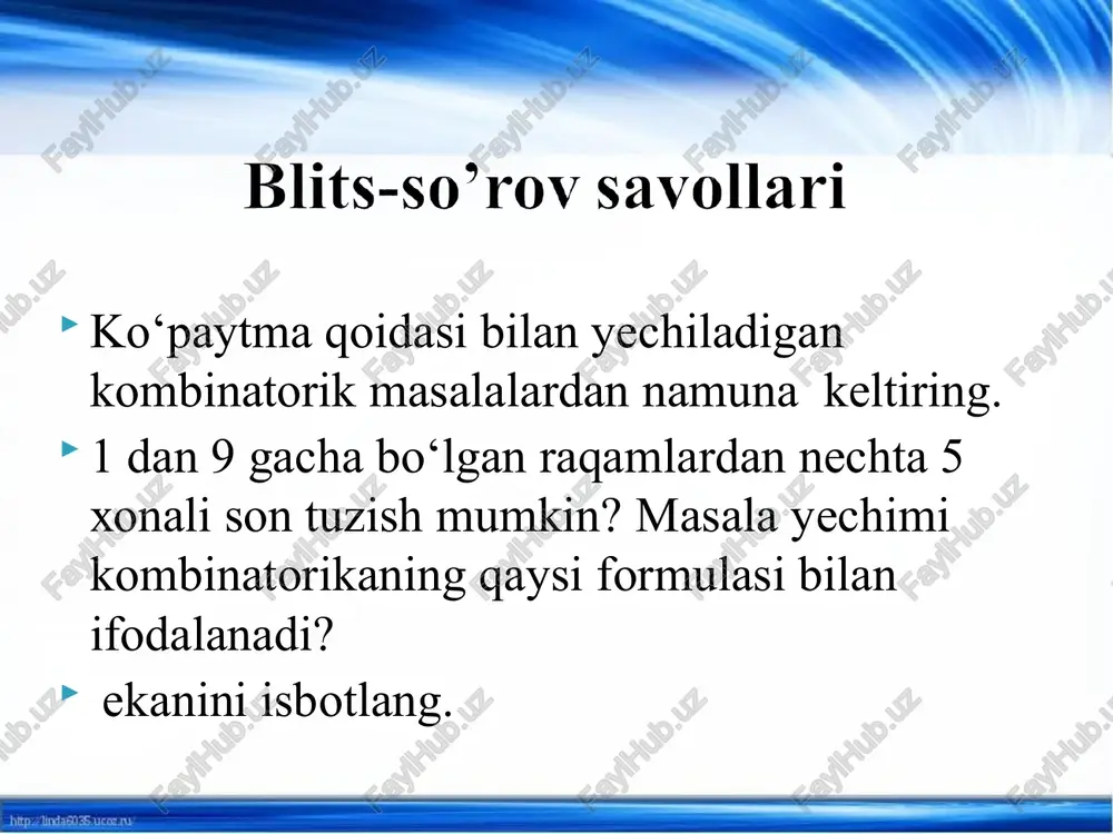 n ta tartiblangan» degan so‘z o‘rniga qisqacha «kortej» so‘zini ishlatamiz (kortej frantsuzcha so‘z bo‘lib, “tantanali namoyish” ni bildiradi, masalan « to‘y korteji», «avtomashinalar korteji» va hokazo). bunda n– kortej uzunligi, a1, a2,….an elementlar kortejning komponentlari deyiladi. matematikada kortejga o‘nli sanoq sistemasida olingan sonlar to‘plami ham misol bo‘ladi. bunday kortej 0,1,2,3,4,5,6,7,8,9 sonlaridan tuzilgan bo‘lib, bunda sonlar takrorlanishi ham mumkin. www.themegallery.com 1.yig‘indi qoidasini to‘plamlar orasidagi munosabat bilan bog‘liq holda tushuntiring. 2.ko‘paytma qoidasi bilan yechiladigan kombinatorik masalalardan namuna keltiring. 3. 1 dan 9 gacha bo‘lgan raqamlardan nechta 5 xonali son tuzish mumkin? masala yechimi kombinatorikaning qaysi formulasi bilan ifodalanadi? www.themegallery.com