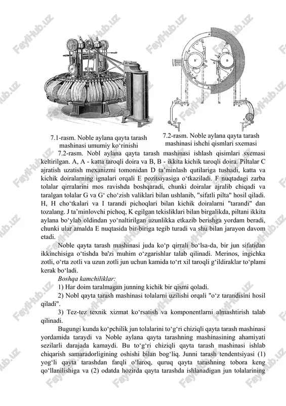 alar tarandiga ajraladi (qayta tarash tarandisi) 3. hozirgina qayta taralgan qismni ushlab, biz ilgari taralmagan tolalarni qayta tarash operatsiyasini takrorlaymiz, ya’na nuqsonlarni olib tashlaymiz. 4. qayta taralgan tutamlardan taralgan tolalarni uzluksiz piltani hosil qilish. junni qayta tarash tarixi davomida taroqlash mashinalarining bir qancha konstruksiyalari, xususan, noble (aylana, 1853), to‘g‘ri chiziqli (interval, 1846), lister (zarbali (nip) harakat, 1851) va holden (kvadrat harakat) mashinalari qo‘llanilgan. biroq, ikkita eng muhim turlari bu nobel aylana qayta tarash va “fransuzcha” yoki to‘g‘ri chiziqli qayta tarash. 7.2. aylana va to‘g‘ri chiziqli qayta tarash mashinalari noble aylana qayta tarash (7.1-rasm) ko‘p yillar davomida soddaligi, xizmat ko‘rsatish arzonligi va yuqori samaradorligi tufayli ingliz qayta tarash tizimida eng mashhur qayta tarash mashinasi turi edi. ishlab chiqarish samaradorligi junning sifati va holatiga qarab 25-45 kg / soat orasida o‘zgarib turardi. 7.1-rasm. noble aylana qayta tarash mashinasi umumiy ko‘rinishi 7.2-rasm. noble aylana qayta tarash mashinasi ishchi qismlari sxemasi 7.2-rasm. nobl aylana …