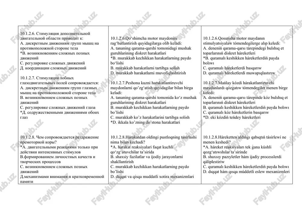 litelnogo variabelnogo latentno​go perioda *a. nespetsificheskie neĭroni b. spetsificheskie neĭroni v. spetsificheskie proektsionnie neĭroni g. nespetsificheskie yadra 10.1.3.5.gde nablyudaetsya sensorno-biologicheskaya konvergentsiya vozbujdeniy? a. nespetsificheskie neĭroni v. spetsificheskie neĭroni *s. spetsificheskie proektsionnie neĭroni d. nespetsificheskie yadra k. v. sudakov normalnaya fiziologiya «geotar media» 2015god str-140 10.1.4.chto proisxodit v zatilochnoy dole kori bolshix polushariy? 10.1.4.1.gde provoditsya pererabotka zritelnoy̆ informatsii? a. temennoy dole *v. zatilochnoy dole s. visochnoy dole d. lobnoy dole 10.1.4.2.gde provoditsya pererabotka sluxovoy informatsii? a. v temennoy dole v. zatilochnoy dole *s. visochnoy dole d. lobnoy dole 10.1.4.3.kto pokazal nalichie “kolonok” nervnix kletok v zritelnoy oblasti kori bolshix polushariy? *a. d. xyubel i t. vizel v. tsion i veber s. otto levi d. landshteyn 10.1.4.4.do skolko protsentov aktiviruyutsya neyroni zritelnoy kori pri svetovoy stimulyatsii? a. 60% v. 70% *s. 80% d. 90% 10.1.4.5.v kakom pole zritelnoy oblasti kori mozga koshki obnarujeni neyroni, reagiruyushie na stepen osveshennosti? a. 15-m pole v. …