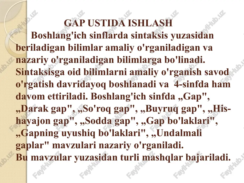 shakllanadi. gapni o'rganish me’yoriga qarab uning tarkibiy qismlari, xususan, so'z birikmasi haqidagi tasavvur aniqlanadi. boshlang'ich sinflarda o'rganiladigan sintaktik material kam bo'lsa ham, butun o'quv yili davomida, boshqa mavzularga singdirilgan holda gap ustida ishlab boriladi. dasturga ko'ra, 1-sinfda o'quvchilarga gap haqida elementar tushunchalar beriladi. gap tugallangan fikr bildirishi, gap so'zlardan tashkil topishi, uning oxiriga ma’lum tinish belgilari qo'yilishi haqida amaliy ma’lumotlar beriladi. 2-sinfda esa o'quvchilar gap haqida nazariy tushunchalar oladilar. ular gapdan shu gap kim yoki nima haqida aytilganini va u haqda nima deyilganini bildirgan so'zni ajratishga o'rganadilar. aslida gapning grammatik asosi ustida ishlash mana shundan boshlanadi va bu bosh bo'laklarni o'rganishga muqaddima bo'ladi. 3-sinf gap ustida ishlashda yangi bosqichdir. o'quvchilar gapni amaliy o'rganishdan tushuncha sifatida o'rganishga o'tadilar. ular gapning muhim belgilarni bilib oladilar. bu bosqichda bosh va ikkinchi darajali bo‘laklarning ta’rifi, ega va kesim atamalari kiritiladi. bu sinfda gapda so'zlarning bog'lanishiga katta e’tibor beriladi. o'quvchilar gapning asosi (ega va kesim)ni …