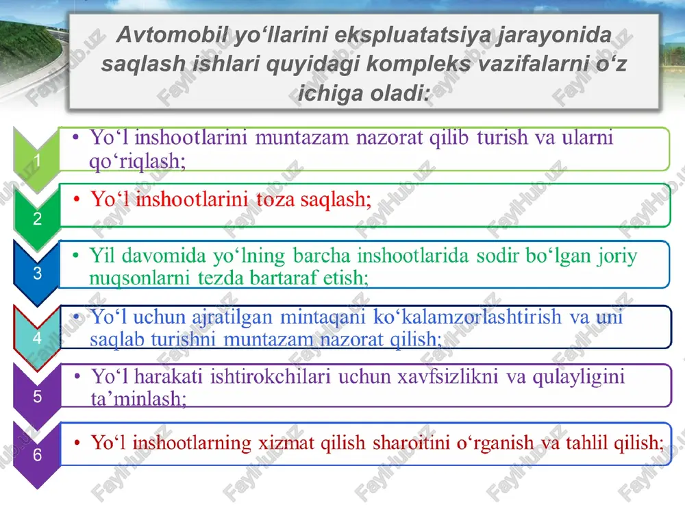 o‘yicha saqlashning asosiy vazifalari quyidagilar: - bahorgi davrda – yo‘l poyi gruntlarini qor va grunt suvlaridan namlanib ketishini bartaraf qilish; - yozgi davrda yo‘l yon qiyaligi va yo‘l chetini, suv qochiruvchi qurilmalarni tozalash va ularning no‘qsonlarini bartaraf qilish bo‘yicha ishlarni bajarish; - kuzgi davrlarda – yo‘l poyini atmosfera yog‘inlaridan ko‘p namlanishini oldini olish, uning tarkibiy qismidagi tuproqlarning eng kam namligini ta’minlash. -kuzgi davrlarda – yo‘l poyini atmosfera yog‘inlaridan ko‘p namlanishini oldini olish, uning tarkibiy qismidagi tuproqlarning eng kam namligini ta’minlash. * yo‘l to‘shamasini va qoplamasini saqlash yo‘l qoplamasini saqlashning asosiy vazifasi qoplamaning transport-foydalanish sifatlarini oshirish, toza va ozoda holda saqlash iborat. yo‘l to‘shamasi mustaxkamligi yetarli bo‘lmagan va yo‘l poyi ko‘p namlangan, ko‘pchigan yo‘llarda katta yuk ko‘taruvchi tv harakati cheklanadi. qoplamadagi yoriqlar yuzaga kelishiga qarshi kurashishning bosh vazifasi yoriqni rivojlanish jarayonini to‘xtatish, gidroizolyatsiya (nam o‘tkazmaydigan qilish) va qoplamaning yaxlitligini qayta tiklashdan iboratdir. sementbeton qoplamalarni saqlashda choklar, yoriqlar bekitiladi, plitalar cheti va …