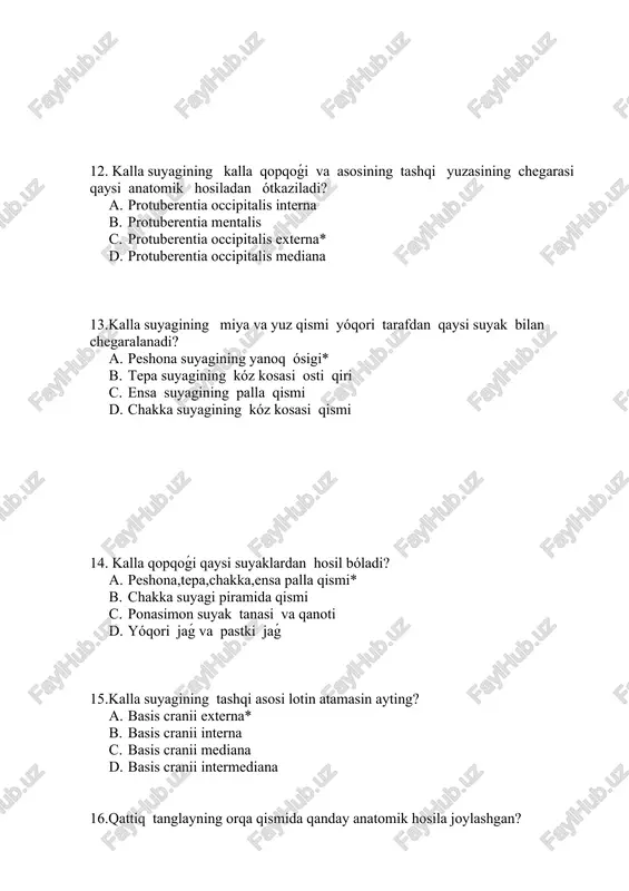 . foramen jugulare c. foramen magnum d. foramen ovale et spinosum* 23. qaysi chuqurcha oldingi tarafdan bóǵim dómboǵi bilan chegaralangan? a. fossa scaphoidea b. fossa mandibularis* c. fossa jugularis d. fossa condylaris 24. chakka suyagining piramida qismining pastki yuzasida qaysi kanal ochiladi? a. canalis orbitalis b. canalis lacrimlais c. canalis caroticus* d. canalis ethmoidalis 25. bóyintiriq teshigi qaysi suyaklarning qóshilishidan hosil bóladi? a. ensa suyagining palla qismi va peshona suyagining palla qismi b. ensa suyagining asosi va tepa suyagining sorǵishsimon ósigi c. ensa suyagining lateral qismi va chakka suyagining noǵora qismi d. ensa suyagining lateral qismi chakka suyagining piramida qismi* 26.bóyintiriq teshigining tashqi yuzasida qaysi teshik joylashgan? a. foramen lacerum b. foramen stylomastoideum* c. foramen jugulare d. foramen ovale et spinosum 27.kalla suyagining tashqi asosinda eng katta teshikni kórsating? a. foramen lacerum b. foramen jugulare c. foramen magnum* d. foramen ovale et spinosum 28.halqum dómboǵi qayerda joylashgan? a. ensa suyagining …
