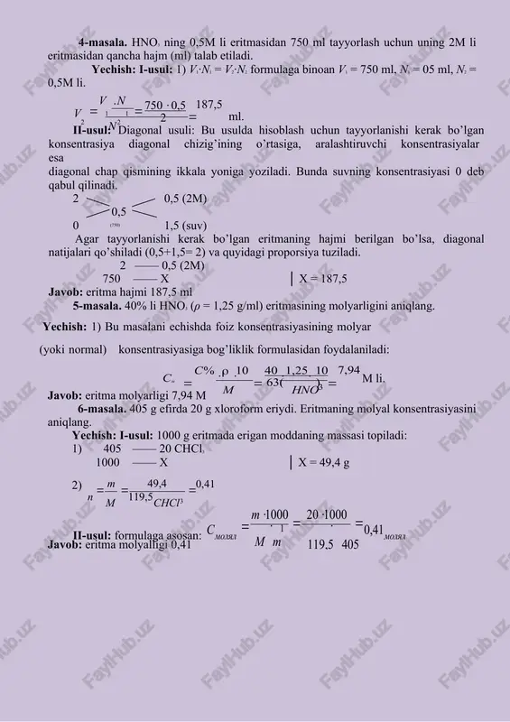 — 0,5 (2m) 750 —— x │ x = 187,5 javob: eritma hajmi 187,5 ml 5-masala. 40% li hno3 (ρ = 1,25 g/ml) eritmasining molyarligini aniqlang. 2 yechish: 1) bu masalani echishda foiz konsentrasiyasining molyar (yoki normal) konsentrasiyasiga bog’liklik formulasidan foydalaniladi: 7,94 sm         m hno s % 10 40 1,25 10 3 m li. 63( ) javob: eritma molyarligi 7,94 m 6-masala. 405 g efirda 20 g xloroform eriydi. eritmaning molyal konsentrasiyasini aniqlang. yechish: i-usul: 1000 g eritmada erigan moddaning massasi topiladi: 1) 405 —— 20 chcl3 1000 —— x │ x = 49,4 g 2) 0,41 m n ii-usul: formulaga asosan: molyal m m molyal 49,4    m chcl 119,5 3   m s 0,41 119,5 405 1000 20 1000 1    javob: eritma molyalligi 0,41   7-masala. agar kimyoviy jarayonlar natijasida al2(so4)3 ning 600 …