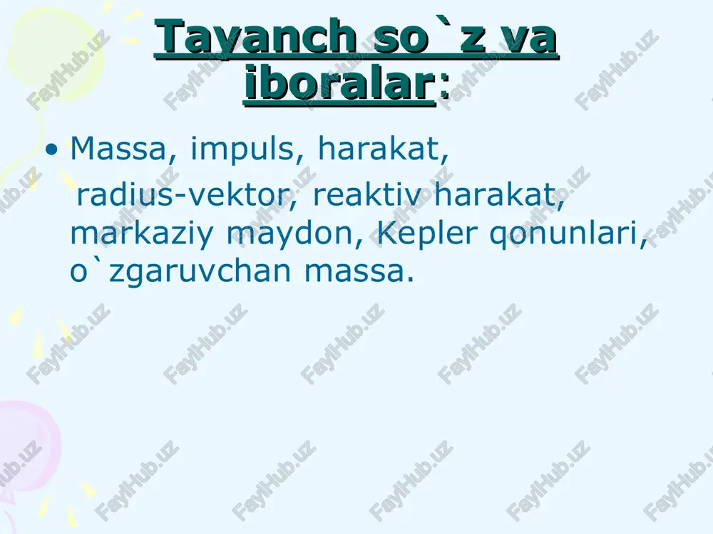 birinchi bor tasdiqlagan olim ham abu rayxon beruniy xisoblanadi. xvii asr boshlarida iogann kepler ko'p davom etgan hisoblashlardan so'ng sayyoralarning xaqiqiy xarakat qonunlarini topdi: 1. har bir sayyora ellips bo'yicha xarakat qiladi, u ellipsning fokuslaridan birida quyosh turadi. 2. planetaning radius-vektori teng vaqtlarda teng yuzlar chizadi. 3. planetalarning quyosh atrofini aylanish davrlari kvadratlarining nisbati ular orbitalarining katta o'qlari kublarining nisbati kabi bo'ladi. s2 s1 erning sun'iy yuldoshi va barcha sayyoralar yukoridagi konunlarga buysungan xolda xarakatlanadilar. jism er atrofida aylanma xarakat kilishi uchun unga ta'sir etayotgan fm.k. va er bilan jism urtasidagi butun olam tortishish konuni xosil kilgan f kuchlari tenglab er atrofida aylanma xarakat kilayotgan jism tezligini topamiz: bunga erkin tushish tezlanishi g=9,81 m/c2 va er radiusi r=6,4106m kiymatlarni kuyib =7,9103m/s ni xosil kilamiz. bu birinchi kosmik tezlik deyiladi. demak, birinchi kosmik tezlik erning sun'niy yuldoshi bulib kolish uchun zarur bulgan minimum- eng kichik tezlik ekan. erning tortishish ta'siri doirasidan …