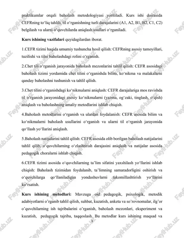 abiyotlarni o’rganib tahlil qilish, suhbat, kuzatish, anketa va so’rovnomalar, ilg’or o’quvchilarning ish tajribalarini o’rganish, baholash mezonlari, eksperiment va kuzatish, pedagogik tajriba, taqqoslash. bu metodlar kurs ishining maqsad va vazifalariga erishishda samarali yordam beradi va cefr tizimi asosida til o‘rganish va baholash jarayonini o‘rganish imkoniyatlarini taqdim etadi. kurs ishining tuzilishi: bajarilgan kurs ishi kirish qismi, uchta bob va xulosalardan iborat. ishda o’rganilishi e’tiborga olingan ma’lumotlar tushunarli ravishda yozildi. ishga qo’yilgan maqsadga erishishi uchun to’plangan adabiyotar manbalarning nomlari va elektron manzillari keltirildi. 2.1.cefr haqida umumiy ma’lumot. cefr - tillar uchun umumiy yevropa talablari (tut) - tilni o‘rganish, o‘rgatish va baholash uchun ishlatiladigan xalqaro standart. ushbu tizim 2001 yilda yevropa kengashi tomonidan ishlab chiqilgan bo‘lib, tilni o‘rganuvchilarning bilim va ko‘nikmalarini umumiy standartga keltirishni maqsad qiladi. cefr tizimi quyidagi maqsadlarga ega: 1. til ko‘nikmalarini aniq baholash: cefr til o‘rganuvchilarning qaysi darajada ekanligini aniq belgilash uchun ishlatiladi. 2. xalqaro standart yaratish: turli mamlakatlar va tashkilotlar …