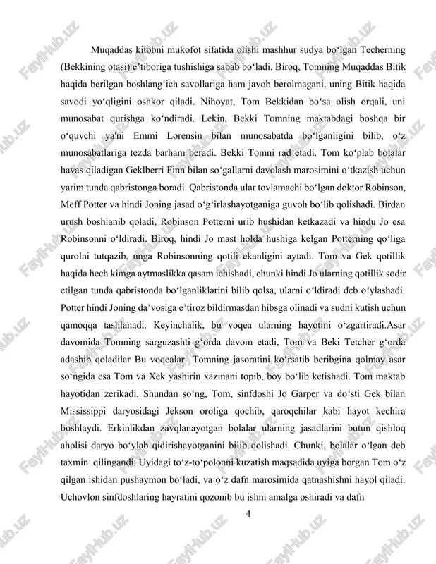 da hushiga kelgan potterning qoʻliga qurolni tutqazib, unga robinsonning qotili ekanligini aytadi. tom va gek qotillik haqida hech kimga aytmaslikka qasam ichishadi, chunki hindi jo ularning qotillik sodir etilgan tunda qabristonda boʻlganliklarini bilib qolsa, ularni oʻldiradi deb oʻylashadi. potter hindi joning daʼvosiga eʼtiroz bildirmasdan hibsga olinadi va sudni kutish uchun qamoqqa tashlanadi. keyinchalik, bu voqea ularning hayotini o‘zgartiradi.asar davomida tomning sarguzashti g‘orda davom etadi, tom va beki tetcher g‘orda adashib qoladilar bu voqealar tomning jasoratini ko‘rsatib beribgina qolmay asar so‘ngida esa tom va xek yashirin xazinani topib, boy bo‘lib ketishadi. tom maktab hayotidan zerikadi. shundan soʻng, tom, sinfdoshi jo garper va doʻsti gek bilan mississippi daryosidagi jekson oroliga qochib, qaroqchilar kabi hayot kechira boshlaydi. erkinlikdan zavqlanayotgan bolalar ularning jasadlarini butun qishloq aholisi daryo boʻylab qidirishayotganini bilib qolishadi. chunki, bolalar oʻlgan deb taxmin qilingandi. uyidagi toʻz-toʻpolonni kuzatish maqsadida uyiga borgan tom oʻz qilgan ishidan pushaymon boʻladi, va oʻz dafn marosimida qatnashishni …