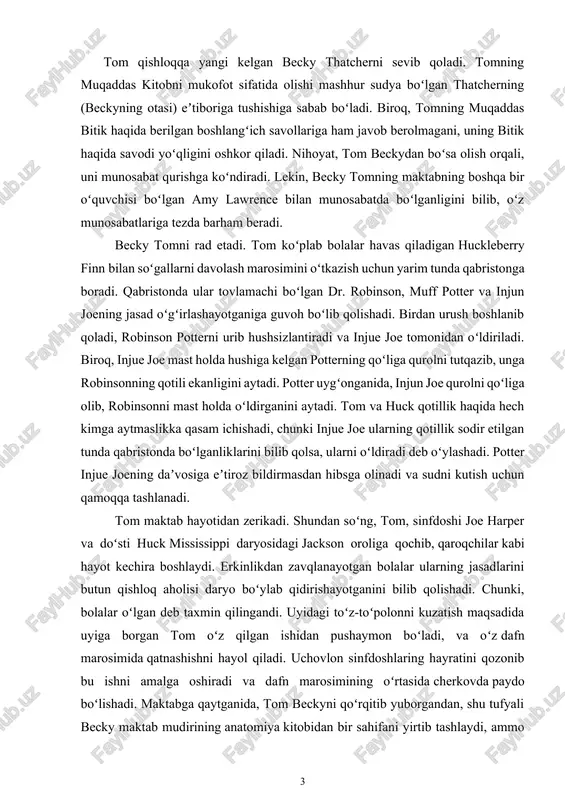 i tutqazib, unga robinsonning qotili ekanligini aytadi. potter uygʻonganida, injun joe qurolni qoʻliga olib, robinsonni mast holda oʻldirganini aytadi. tom va huck qotillik haqida hech kimga aytmaslikka qasam ichishadi, chunki injue joe ularning qotillik sodir etilgan tunda qabristonda boʻlganliklarini bilib qolsa, ularni oʻldiradi deb oʻylashadi. potter injue joening daʼvosiga eʼtiroz bildirmasdan hibsga olinadi va sudni kutish uchun qamoqqa tashlanadi. tom maktab hayotidan zerikadi. shundan soʻng, tom, sinfdoshi joe harper va doʻsti huck mississippi daryosidagi jackson oroliga qochib, qaroqchilar kabi hayot kechira boshlaydi. erkinlikdan zavqlanayotgan bolalar ularning jasadlarini butun qishloq aholisi daryo boʻylab qidirishayotganini bilib qolishadi. chunki, bolalar oʻlgan deb taxmin qilingandi. uyidagi toʻz-toʻpolonni kuzatish maqsadida uyiga borgan tom oʻz qilgan ishidan pushaymon boʻladi, va oʻz dafn marosimida qatnashishni hayol qiladi. uchovlon sinfdoshlaring hayratini qozonib bu ishni amalga oshiradi va dafn marosimining oʻrtasida cherkovda paydo boʻlishadi. maktabga qaytganida, tom beckyni qoʻrqitib yuborgandan, shu tufyali becky maktab mudirining anatomiya kitobidan bir sahifani …