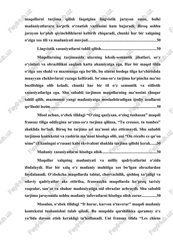 ima qilish mumkin, boshqalari esa madaniy moslashtirishni talab qiladi. quyida o‘zbek va fransuz maqollarining tarjimalari, ularning lingvomadaniy tafovutlari va moslashtirish jarayoniga oid . ba’zi maqollar o‘zbek va fransuz tillarida o‘xshash ma’no va ifodaga ega bo‘lib, ularga so‘zma-so‘z tarjima qilish mumkin. o‘zbekcha: baliq boshidan sasiydi. fransuzcha: le poisson pourrit par la tête. izoh: bu maqolda ikki tilda ham rahbarning xatolari butun jamoaga ta’sir qilishi haqida gap boradi. shuning uchun ularni bir xil tarzda tarjima qilish mumkin. o‘zbekcha: yig‘lamagan bolaga emchak yo‘q. fransuzcha: qui ne pleure pas, n’a pas de lait. izoh: bu maqol to‘g‘ridan-to‘g‘ri tarjima qilinsa ham, hech narsa so‘ramagan odam hech narsaga ega bo‘lmaydi degan ma’noni beradi. fransuz tilida ham shunga o‘xshash fikrni bildiruvchi ibora mavjud. o‘zbekcha: ko‘p bilan bo‘lsa, to‘p bo‘l. fransuzcha: à rome, fais comme les romains. izoh: o‘zbekcha maqol “jamiyatda o‘z o‘rnini topish” haqida, fransuzcha maqol esa “rimda bo‘lsang, rimliklar kabi ish tut” deb, biror joyga moslashish …