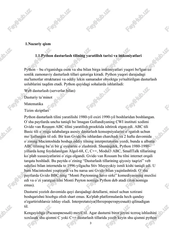 dasturni biror joyini tezroq ishlashini xoxlasak shu qismni c yoki c++ dasturlash tillarida yozib keyin shu qismni python kodi orqali ishga tushirsa(chaqirsa) bo'ladi. juda ham ko'p xilma-xil kutubxonalarga ega. xml/html fayllar bilan ishlash http so`rovlari bilan ishlash gui(grafik interfeys) web ssenariy tuzish ftp bilan ishlash rasmli audio video fayllar bilan ishlash robot texnikada matematik va ilmiy hisoblashlarni programmalash pythonni katta proyektlarda ishlatish mumkin. chunki, uni chegarasi yo`q, imkoniyati yuqori. shuningdek, u sodda va universalligi bilan programmalash tillari orasida eng yaxshisidir. 1.2 nima uchun aynan python? · python turli xil platformalarda ishlaydi (windows, mac, linux, raspberry pi va boshqalar). · python ingliz tiliga o'xshash oddiy sintaksisga ega. · python dasturlash tiliga bo'lgan talab yildan yilga oshib kelmoqda. codingdojo portalining tadqiqotlariga ko'ra, 2020 yilda aynan python tilida dasturlovchi mutaxassislarga eng ko'p talab bo'lgan. · python artificial intelligence (sun'iy intellekt) va data science (ulkan ma'lumotlar bilan ishlash) sohalarining tili hisoblanadi. bugungi kunda keng …