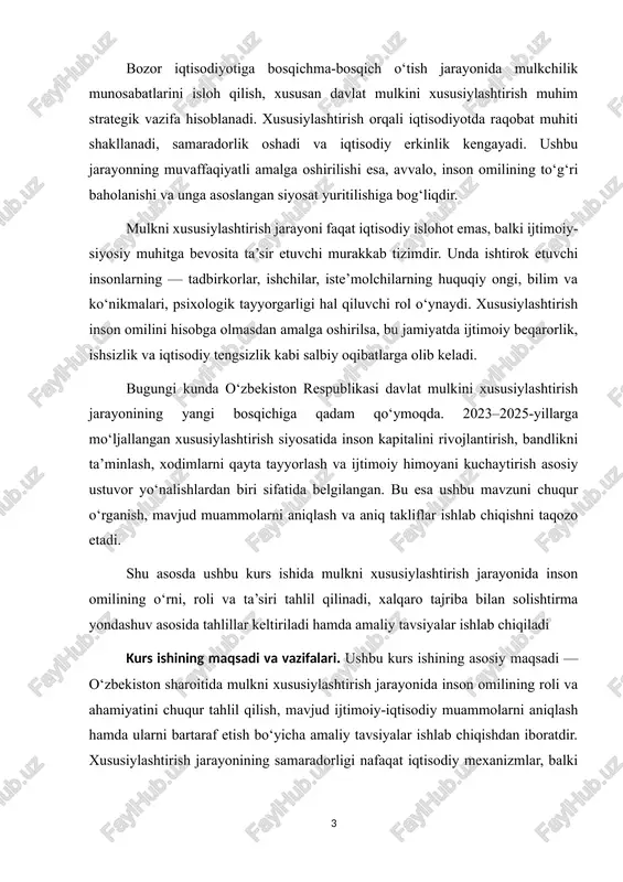 mavjud ijtimoiy-iqtisodiy muammolarni aniqlash hamda ularni bartaraf etish bo‘yicha amaliy tavsiyalar ishlab chiqishdan iboratdir. xususiylashtirish jarayonining samaradorligi nafaqat iqtisodiy mexanizmlar, balki unda ishtirok etayotgan insonlarning bilim, malaka, motivatsiyasi va ijtimoiy faolligi bilan chambarchas bog‘liq ekani mazkur mavzuning dolzarbligini belgilaydi. kurs ishining ushbu maqsadidan kelib chiqib, quyidagi vazifalar belgilab olindi: – mulkni xususiylashtirish tushunchasi, iqtisodiy mohiyati va huquqiy asoslarini o‘rganish; – o‘zbekistonda xususiylashtirish jarayonining tarixiy bosqichlari va amaliyotini tahlil qilish; – xususiylashtirish jarayonida inson omilining (ishchi kuchi, iste’molchi, tadbirkor) ishtiroki va ta’sirini aniqlash; – xususiylashtirishning ijtimoiy-iqtisodiy oqibatlarini baholash, ayniqsa bandlik, daromadlar tengsizligi va ijtimoiy adolat nuqtai nazaridan tahlil qilish; – xorijiy mamlakatlar tajribasini tahlil qilish hamda o‘zbekiston sharoitiga mos qiyosiy xulosalar chiqarish; – mavjud muammolarni aniqlash va inson omilini kuchaytirish bo‘yicha taklif va tavsiyalar ishlab chiqish. kurs ishining o‘rganilganlik darajasi. “mulkni xususiylashtirish” masalasi mustaqillik yillaridan buyon o‘zbekiston va jahon iqtisodchilari tomonidan keng miqyosda o‘rganib kelinmoqda. bu borada a. qurbonov, b. xodjayev, …
