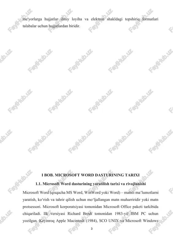 bravo – original grafik interfeysga ega matn protsessori katta oʻrin tutadi. bravo asoschisi charlz simoni parcni 1981-yil tark etgan. wordning ms-dos uchun taqdimoti 1983-yil oxirida boʻlib oʻtdi. bu tovar bozorda yomon kutib olindi. biroq 1985-yil macintosh uchun moʻljallangan versiyasi qoʻlma-qoʻl boʻlib keng tarqala boshladi. ikki yildan soʻng macintosh uchun word 3.01 versiyasi ishlab chiqildi. macintosh uchun moʻljallangan boshqa dasturiy taʼminotlar kabi word ham toʻliq wysiwyg-muharrir edi („what you see is what you get“ tamoyili – „nima koʻrsam, shuni olaman“). ms-dos grafik qobiqdan mahrum matn operatsion tizimi boʻlsada, dos uchun moʻljallangan word dasturi ibm pc ning tahrir vaqtida yarim qora yoki yotiq matn kabi matn belgilarini koʻrsatib bera oluvchi matn protsessori edi. biroq u hali ham toʻliq wysiwyg-muharrir edi. wordstar va wordperfect kabi matn muharrirlari oddiy matn ekranini belgi kodlari bilan ishlatishar edi, baʼzan matn rangli ham boʻlardi. ammo koʻp holda dos dasturiy taʼminotidagi dasturlarda har bir buyruq uchun shaxsiy qiyin …