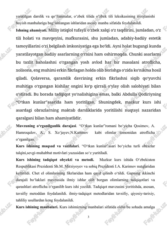 a hosil qiladi. qolaversa, qaramlik davrining erkin fikrlashni siqib qo‘yuvchi muhitiga o‘rgangan kishilar ongini ko‘p qirrali o‘ylay olish salohiyati bilan o‘stiradi. bu borada tadqiqot yo‘nalishigina emas, balki abdulla qodiriyning “o‘tkan kunlar”asarida ham yoritilgan. shuningdek, mazkur kurs ishi asardagi obrazlarning maktab darsliklarida yoritilishi nuqtayi nazaridan qaralgani bilan ham ahamiyatlidir. mavzuning o‘rganilganlik darajasi. “o‘tkan kunlar”romani bo‘yicha qosimov, a. hamroqulov, a., s. xoʻjayev,n.karimov kabi olimlar tomonidan atroflicha o‘rganilgan. kurs ishining maqsad va vazifalari. “o‘tkan kunlar”asari bo‘yicha turli obrazlar talqini,sevgi-muhabbat motivlari yuzasidan so‘z yuritiladi. kurs ishining tadqiqot obyekti va metodi. mazkur kurs ishida o‘zbekiston respublikasi prezidenti sh.m. mirziyoyev va sobiq prezidenti i.a. karimov nutqlaridan keltirildi. chet el olimlarining fikrlaridan ham qayd qilinib o‘tildi. gapning ikkinchi darajali bo‘laklari mavzusida ilmiy ishlar olib borgan olimlarning tadqiqotlari va qarashlari atroflicha o‘rganilib kurs ishi yozildi. tadqiqot mavzusini yoritishda, asosan, tavsifiy metoddan foydalanildi. ilmiy-tadqiqot metodlaridan tavsifiy, qiyosiy-tarixiy, tahliliy usullardan keng foydalanildi. kurs ishining manbalari. kurs ishimizning manbalari sifatida oldin …