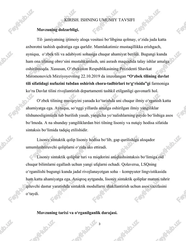 22-bet.] lisoniy sintaktik qolip va uning mohiyatini o‘rganishga bo‘lgan intilish jahon tajribasida king-fun su (syntactic pattern recognitionmonography) ning asarlarida ko‘zga tashlanadi. o‘zbek tilshunoslari orasida ra’no sayfullayeva va baxtiyor mengliyevning hammuallifligida yozilgan “hozirgi o‘zbek adabiy tili”darsligining sintaktiksis bo‘limida lisoniy sintaksis qolip haqida asosiy tushuncha berib o‘tilgan. keyingi yillarda olima n. abdulayeva lisoniy mikrositemalarning o‘zida ham darajalanish hodisasini kuzatilishi haqida ilmiy qarashlarini bayon etgan maqolasini chop etdi (84-bet) . oraliq sintaktik hodisalar xususida g‘.abdurahmonov, m.asqarova, a.b.abdullayev va r.sayfullayevalar . shuni aytish lozimki, lsq hali u qadar chuqur tadqiq etilmagan mavzu. garchi uning asosiy mohiyati yuqorida sanlagan adabiyotlarda ochib berishga urunilgan bo‘lsa-da, ammo aniq qoliplar miqdori hanuz to‘la aniqlanmagan.unga xos bo‘lgan graduonimik va pradigmatik hodisalar deyarli tadqiq etilmagan. qolaversa, o‘rganilgan lsq lar kompyuter lingvistikasi yo‘nalishida tadbiq etilmagan. lsq kompyuterning semantik, morfologik va sintaktik tahrir jarayonini amalga oshirishida sintaktik modulning asosi bo‘lib xizmat qiladi. ishning maqsad va vazifalari. lisoniy sintaktik qoliplar sintaksisning barcha bo‘limlarida …