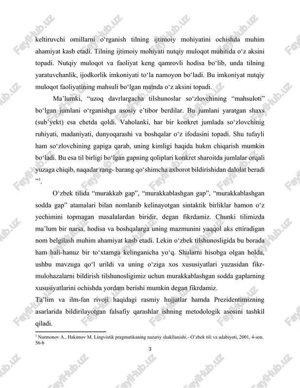 hamda prezidentimizning asarlarida bildirilayotgan falsafiy qarashlar ishning metodologik asosini tashkil qiladi. ishning ilmiy yangiligi. tanlangan mavzuning dolzarbligi va ushbu mavzu tadqiqiga o‘ziga xos tahlil nuqtai nazaridan yondoshilayotganligi bilan belgilanadi. kurs ishi o‘zbek tilshunosligida mavjud bo‘lgan ma'no ko‘chish hodisalari va metafora hodisasini tadqiq etilgan dastlabki ishlardan ekanligi bilan xarakterlanadi. kurs ishi natijalarining ilmiy va amaliy ahamiyati. tadqiqot natijalaridan murakkablashgan sodda gaplar bilan bog‘liq ayrim muammolarni nazariy va amaliy jihatdan hal etishda foydalanish mumkin. shuningdek, oily o‘quv yurtlarining filologiya fakultetlarida maxsus kurs va seminarlar tashkil etishda hamda mazkur soha bo‘yicha qo‘llanmalar tayyorlashda manbaa bo‘lib xizmat qiladi. tadqiqot ob’yekti. ilmiy adabiyotlar va adabiyotshunoslikda mavjud bo‘lgan badiiy asarlar. kurs ishining tuzilishi va umumiy hajmi. kurs ishi bir bob, umumiy xulosalar, foydalanilgan adabiyotlar ro‘yxatidan iborat. ishning umumiy hajmi 30 sahifani tashkil qiladi. 1. o‘zbek tilida ma'no ko‘chish turlari so‘zlarni ko‘chma ma’noda qo‘llash ham nutq ifodaliligini ta’minlash uchun tuganmas manbadir. nutqda deyarli barcha asosiy holatlarda ko‘chma …